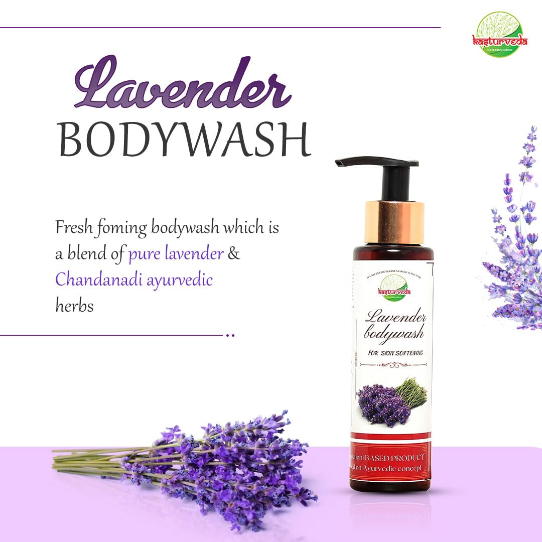 Kasturveda Lavender Body Wash & Shower Gel - Natural Hydrating Body Cleanser for Men & Women (200ml) | Relaxing Aromatherapy for Stress Relief & Better Sleep