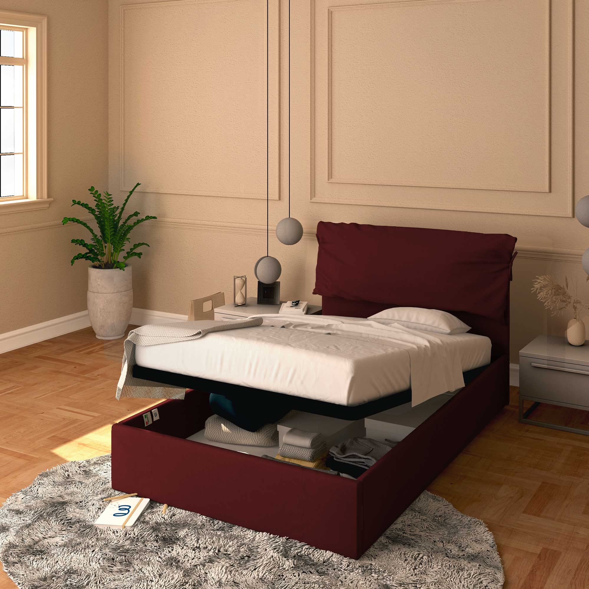 Baldiflex Single Bed with Storage - Licia Soft Synthetic Leather Upholstery, Slatted Base for Single Mattress, 120 x 190 cm, Padded Headboard, Bordeaux Red - Perfect for Small Bedrooms, Guest Rooms & Studio Apartments