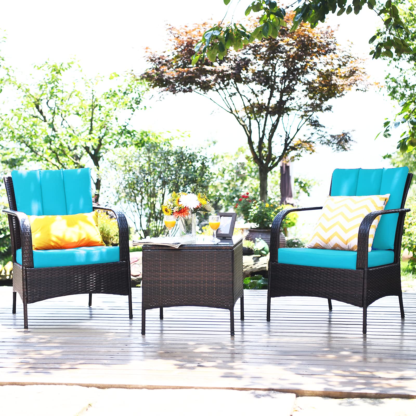 Tangkula 3-Piece Outdoor Patio Furniture Set - 2 Wicker Chairs with Glass Top Coffee Table, Rattan Conversation Set for Garden, Porch, Poolside & Backyard Relaxation