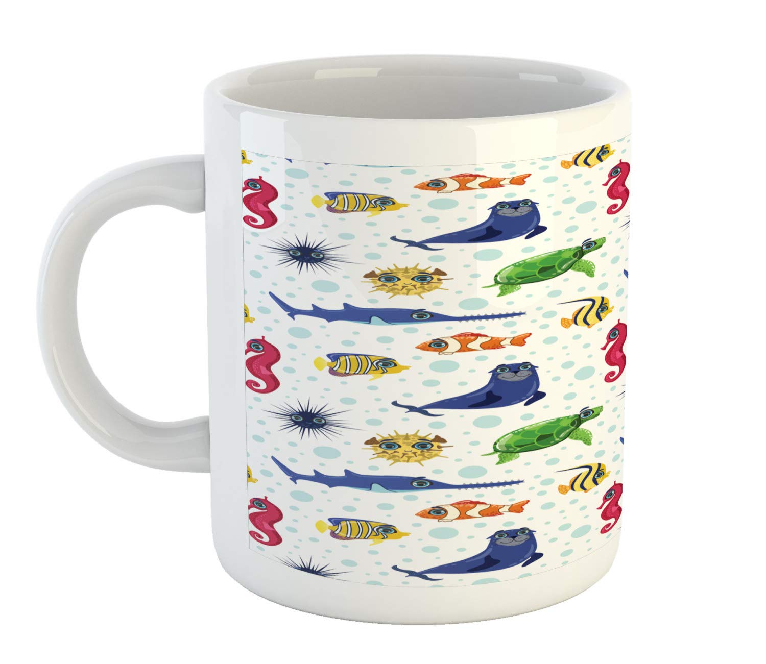 Lunarable Fish Themed Ceramic Coffee Mug - 11 oz Colorful Aquatic Characters & Bubbles Design for Tea, Water & Hot Drinks - Perfect for Home, Office & Gifts