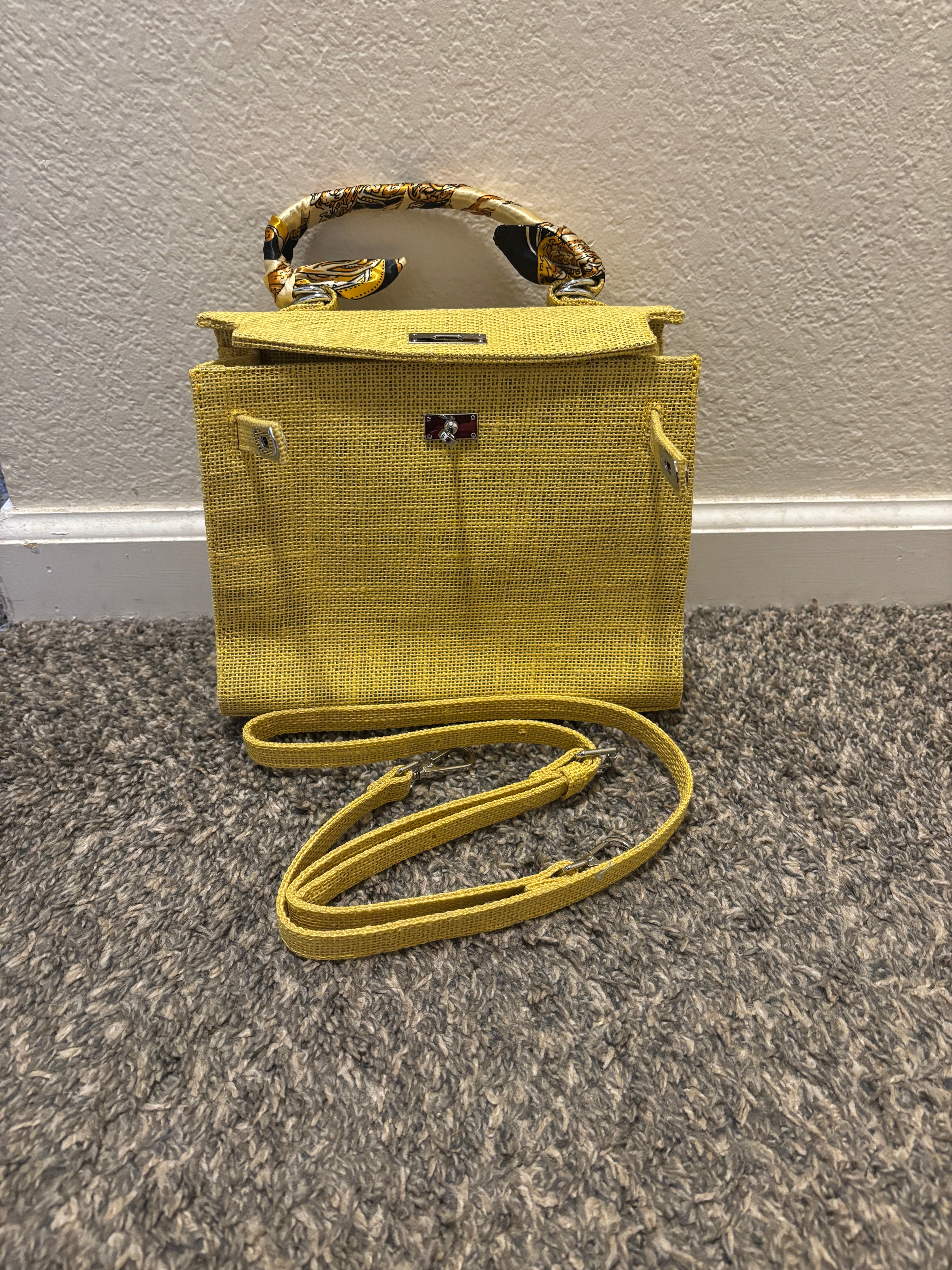 French Style Jute Mini Crossbody Bag for Women - Yellow Eco-Friendly Tote Shoulder Bag | Perfect for Beach Outings, Shopping & Casual Daily Use
