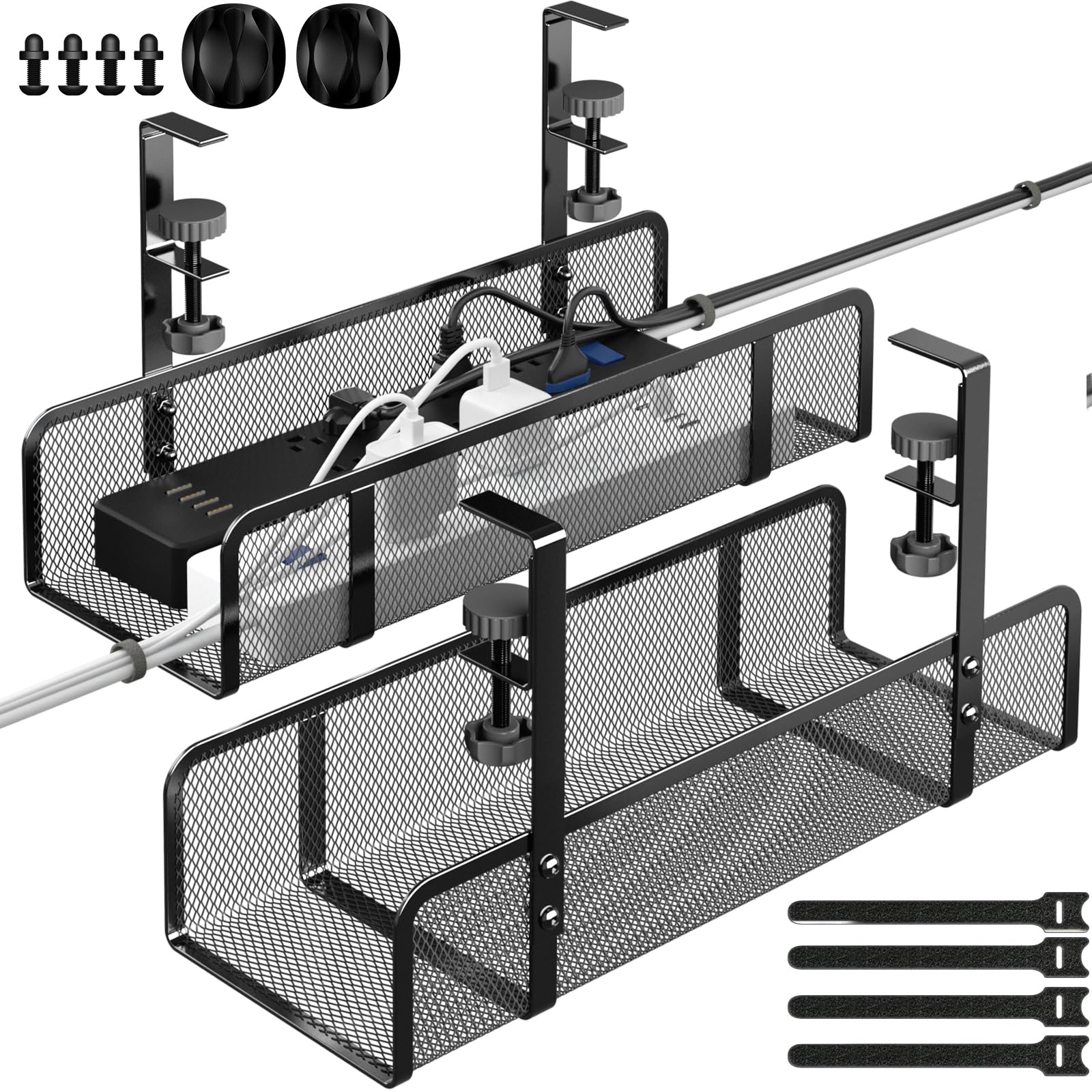 Under Desk Cable Management Tray - No Drill Wire Organizer Box for Office & Home - Cord Hider with No Damage Installation - Perfect for Computer, Gaming & Workspace Setup
