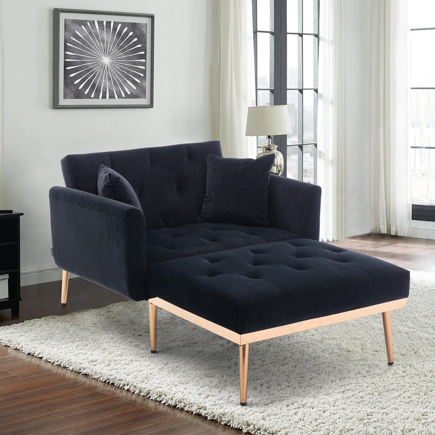 Affeivul Adjustable Backrest Lounge Sofa - Velvet Convertible Chaise Lounge Chair Bed with 3 Angles & Metal Legs for Apartment, Living Room | Perfect for Relaxing, Reading & Small Space Living