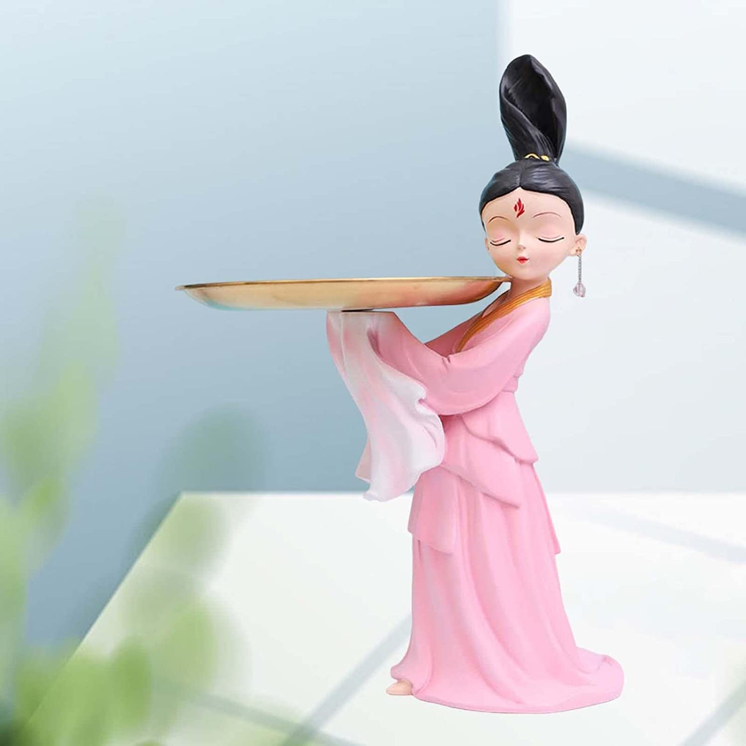 Elegant Chinese Ancient Dancing Girl Resin Figurine with Storage Tray - Pink Standing Statue for Home & Office Decor | Perfect for Living Room, Bedroom, TV Shelf & Tabletop Display