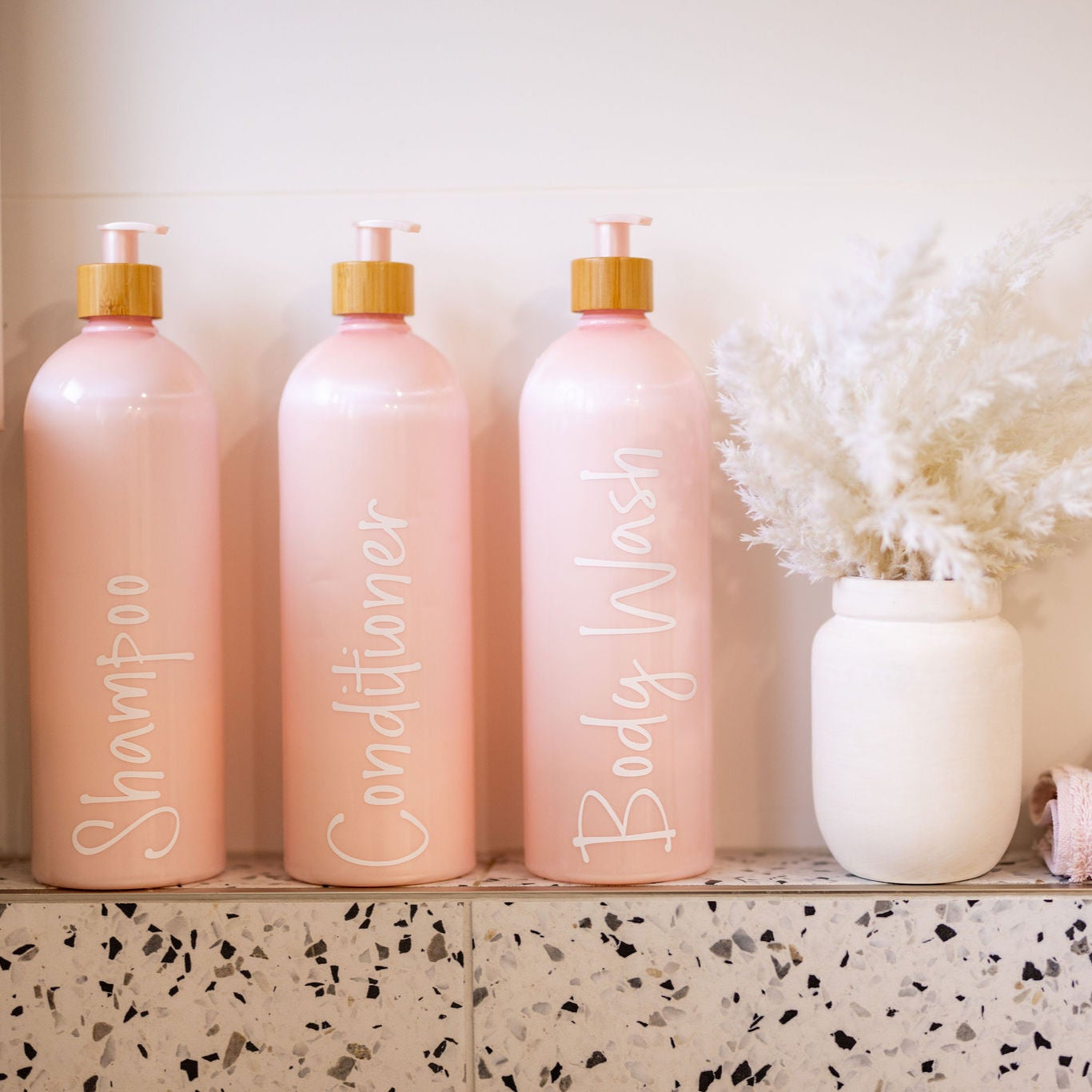 1L Light Metallic Pink Bathroom Pump Bottle - Elegant Soap Dispenser for Bathroom Vanity, Sink Counter & Guest Bath Decor