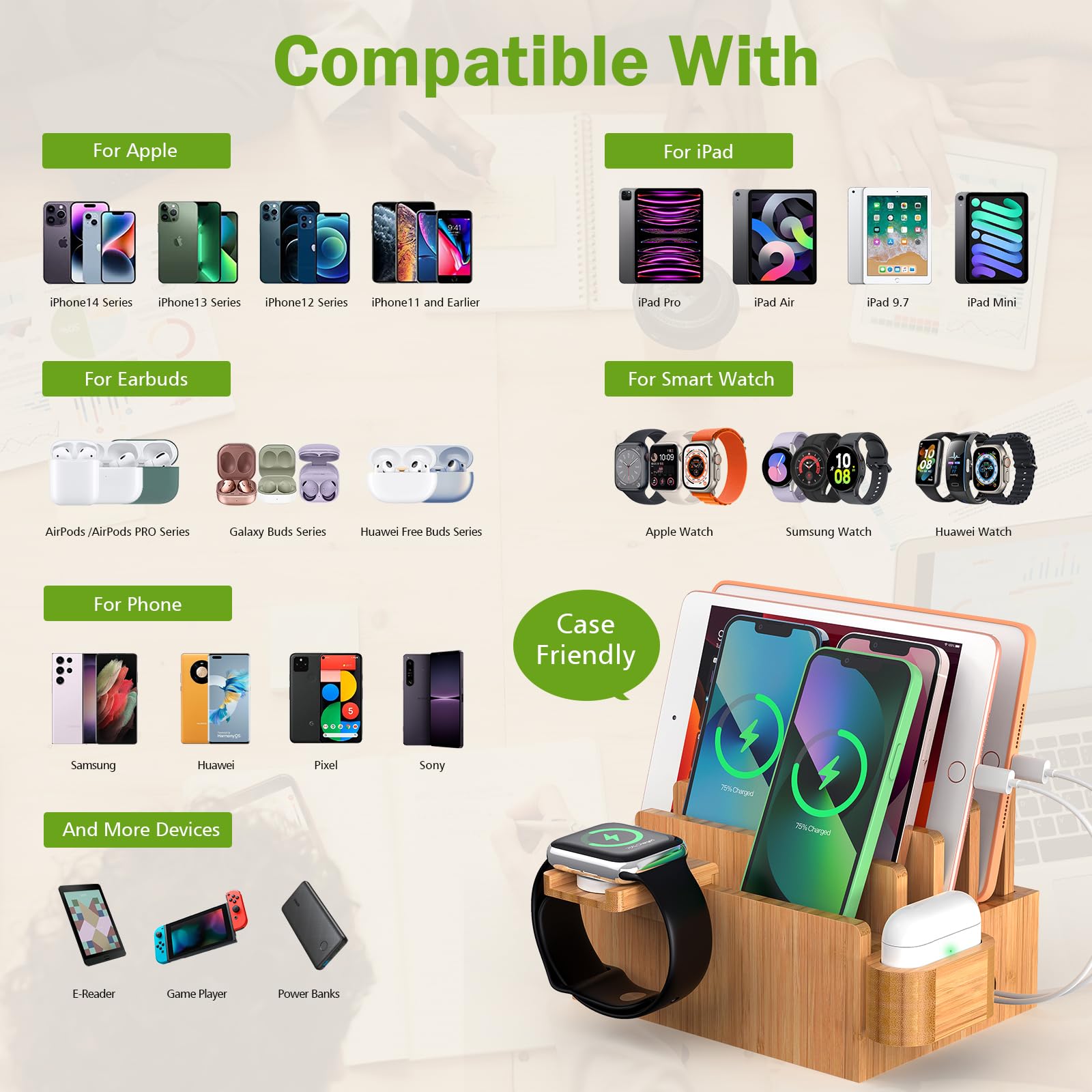 Pezin & Hulin Bamboo Charging Station Organizer - 5-Slot Multi Device Dock for iPhone, Android Phone, Tablet, SmartWatch & AirPods with 5 Included Cables (No USB Charger) | Perfect for Home Office, Bedside & Clutter-Free Desk Organization