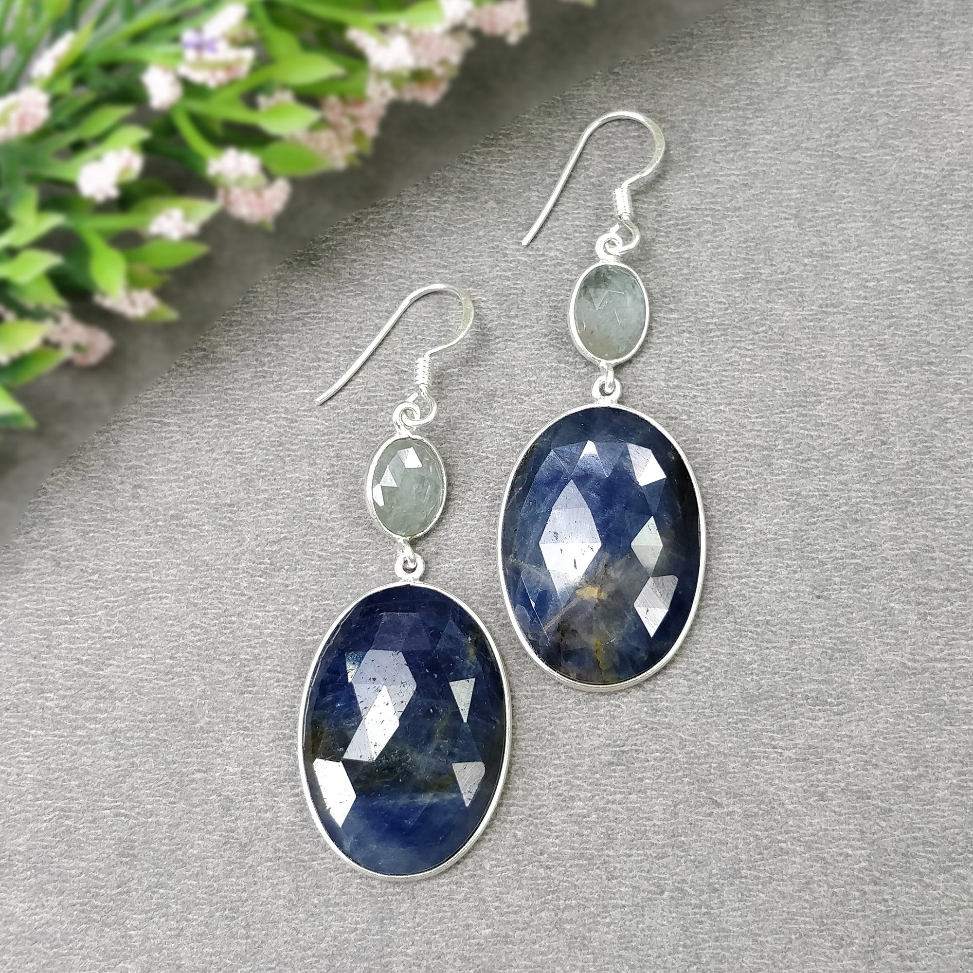 Natural Blue Sapphire & Aquamarine Gemstone Earrings - 14.56gms Genuine Sapphire in 925 Sterling Silver Drop Dangle Bezel Setting - Elegant Jewelry for Women - Perfect for Weddings, Parties & Special Occasions