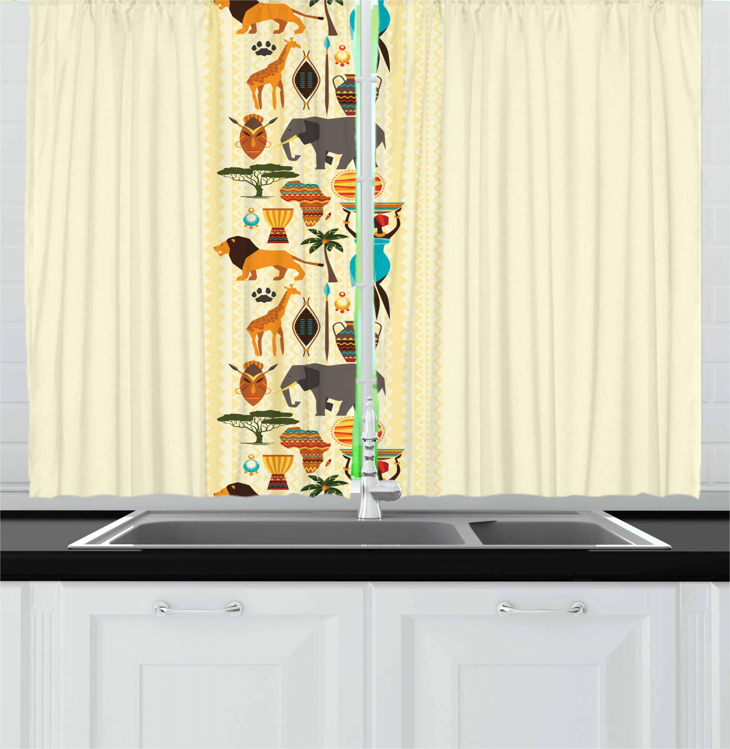 Ambesonne African Themed Kitchen Curtains - Tribal Woman Carrying Water with Lion & Elephant Print, 2 Panel Set for Window Drapes (55