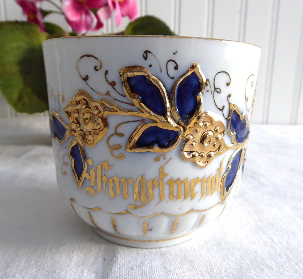 Antique Victorian Mustache Cup - Forget Me Not Floral Design in Gold & Cobalt Blue (1890s Style) - Perfect for Tea Parties, Vintage Collections & Unique Gifts