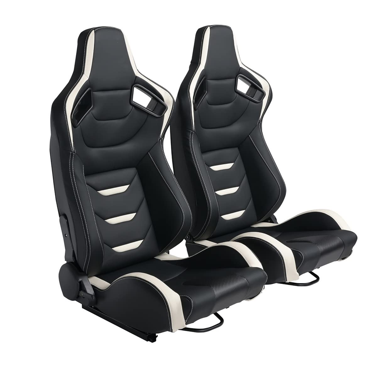 Premium 2-Piece Reclinable Racing Bucket Seats with Adjustable Sliders - Universal PU Leather Sport Car Seats (Black & White, 36.6