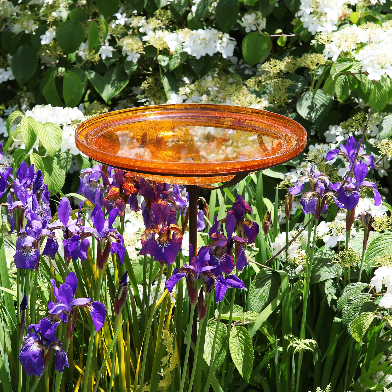 Achla Designs 14-inch Crackle Glass Birdbath Bowl with Stake - Decorative Garden Bird Feeder for Outdoor Patio, Yard & Backyard Decor - Attracts Wild Birds for Bird Watching