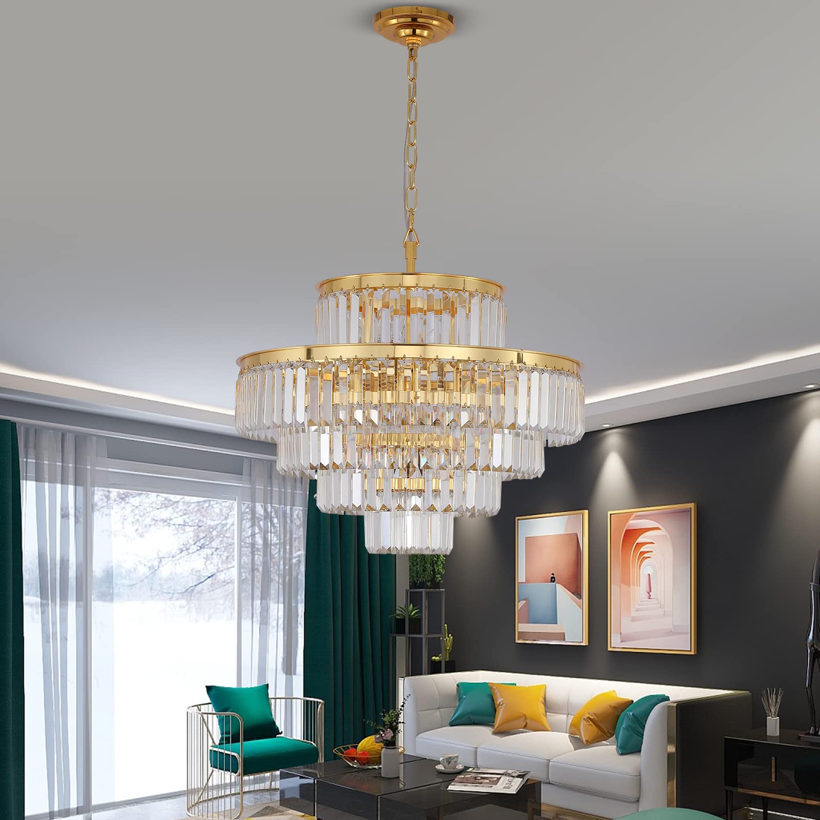 Modern Gold Crystal Chandelier - 5-Tier Round Pendant Ceiling Light Fixture (24 Inch, Golden Orange) for Dining Room, Living Room, Bedroom & Entryway - Elegant Lighting for Home Decor & Special Occasions