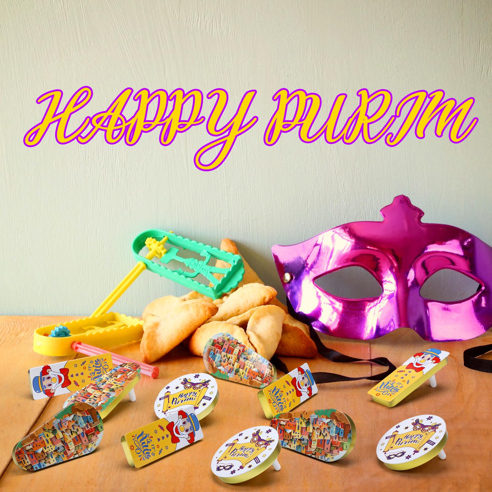 144 Pack Bulk Metal Purim Gragger Noisemakers - Assorted Shapes for Purim Celebrations, Jewish Holidays, Parties & Festive Events