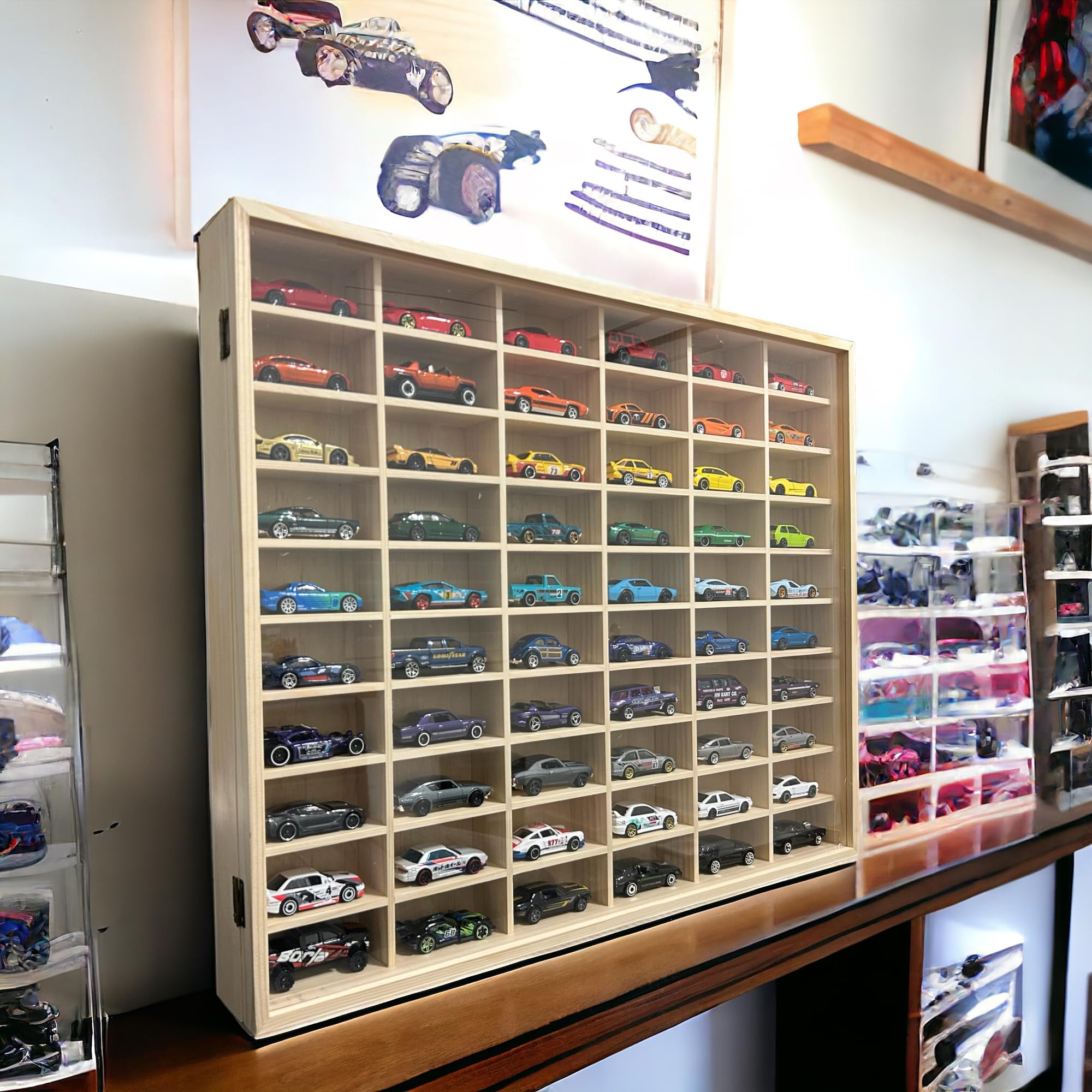 Wooden Wall Mount Display Case for Hot Wheels & Matchbox 1/64 Scale Diecast Cars - Dust Resistant Door Holds 60 Model Cars - Perfect for Collectors & Toy Car Storage Organization (Home Office, Man Cave, Kids Room Decor)