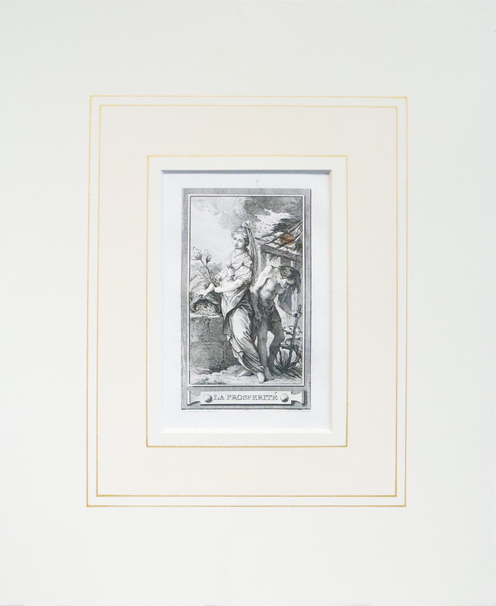 Antique 1780s French Engraving - La Prosperité (Gluttony) Art Print with Mat - Vintage Home Decor & Wall Art for Dining Room or Study