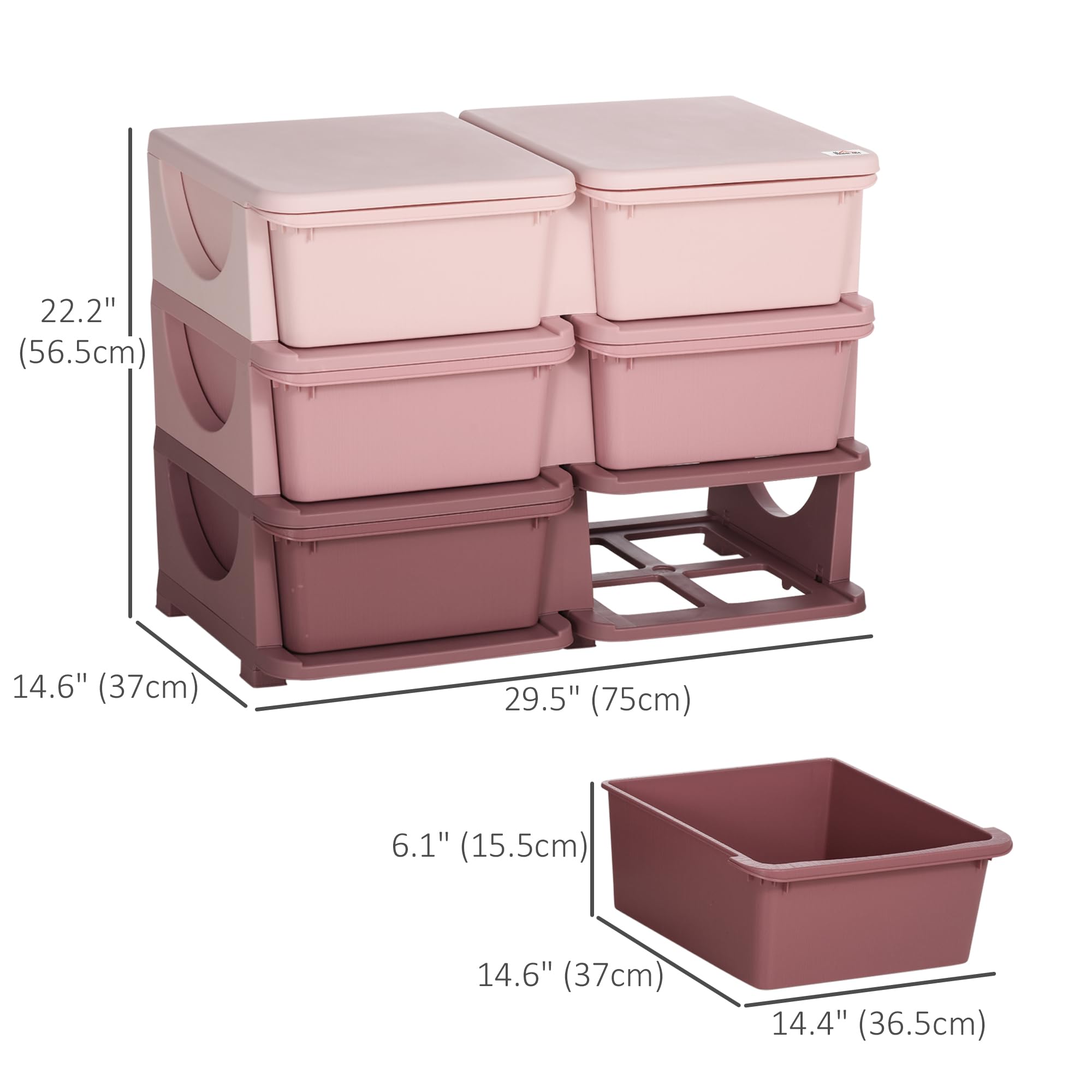 Qaba 6-Bin Kids Toy Storage Organizer - 3-Tier Plastic Drawer Chest for Bedroom, Nursery & Playroom - Pink Toy Organizer for Boys & Girls Toddlers | Perfect for Kids' Room Organization & Toy Cleanup