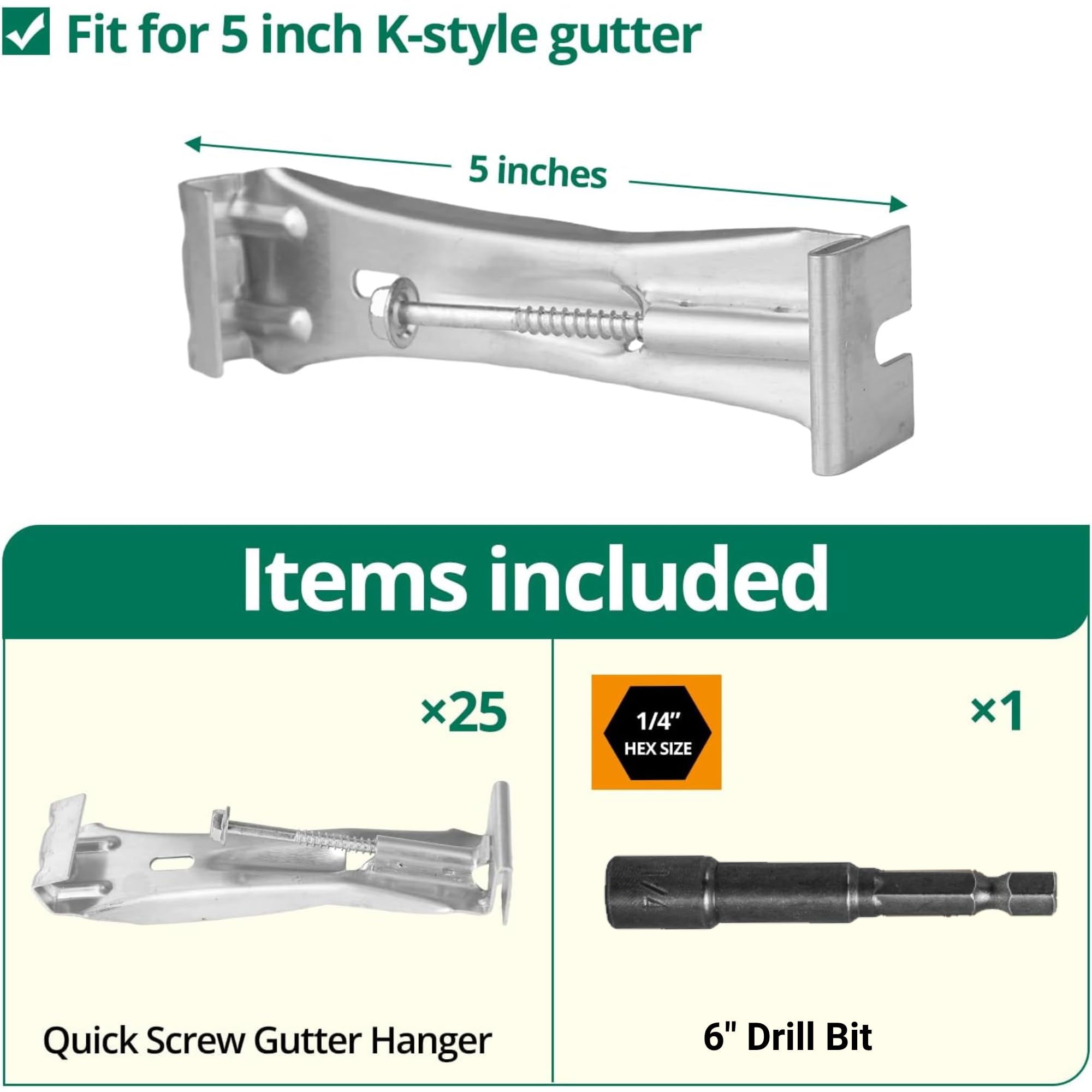 25 Pack 5 Inch Aluminum Gutter Hangers with 6 Inch Drill Bit - Heavy Duty Hidden Gutter Brackets & Pre-Inserted Screws for Sagging Rain Gutter Repair - Perfect for Home Roof Drainage System Maintenance