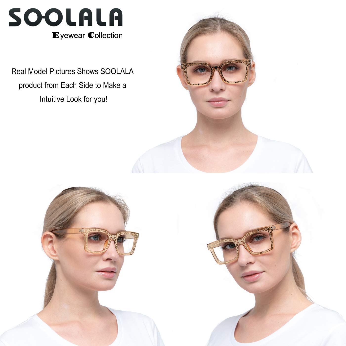SOOLALA Women's Fashion Square Reading Glasses with Patterned Frames - Lightweight Readers for Women - Perfect for Reading, Computer Use & Daily Activities