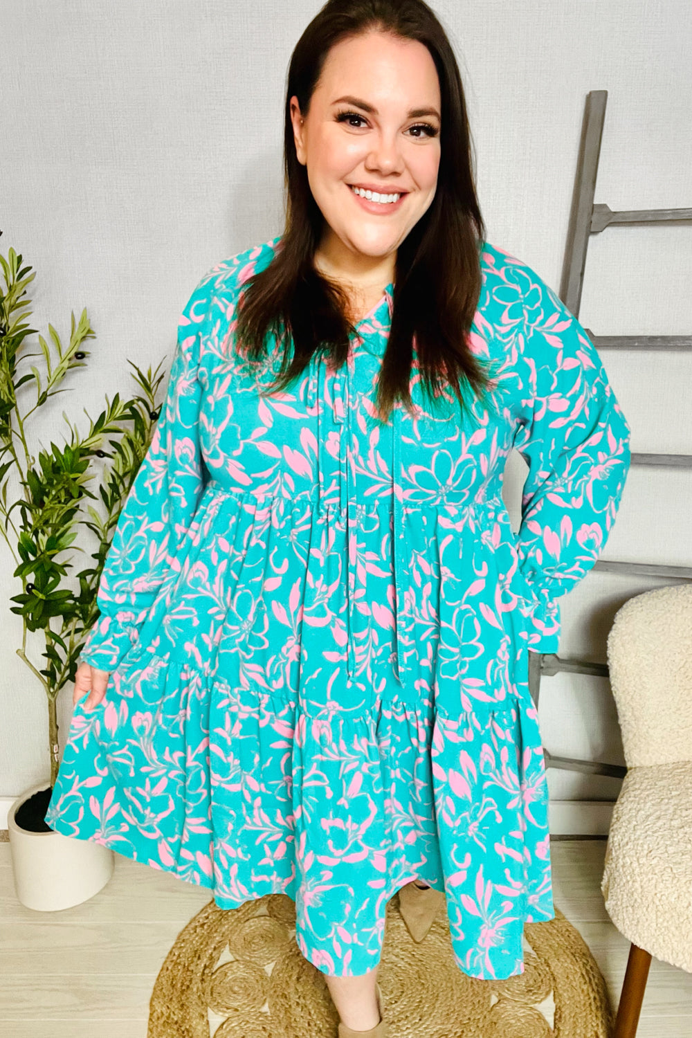Boho Romance Mint Green Floral Print Tiered Dress with Front Ribbon Bow - Perfect for Summer Weddings, Garden Parties & Date Nights