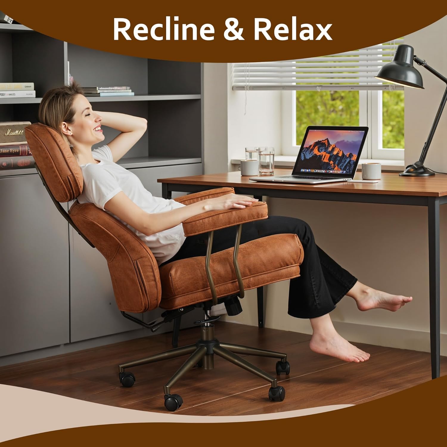 Premium Faux Leather Executive Office Chair - Big & Tall Ergonomic Computer Desk Chair with Lumbar Support, Adjustable Height & 360° Swivel, Rolling Wheels - Suede Brown for Home Office, Gaming & Workspace Comfort