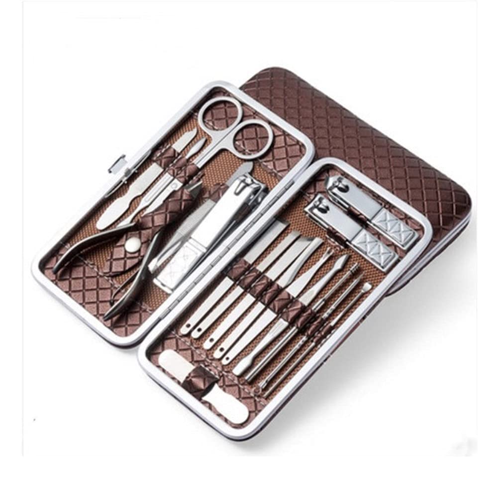 18-Piece Professional Nail Art Manicure Tools Set - Stainless Steel Nail Clippers, Scissors & Tweezers - Complete Nail Care Kit for Home & Salon Use (Brown) - Perfect for DIY Manicures, Pedicures & Nail Art Designs