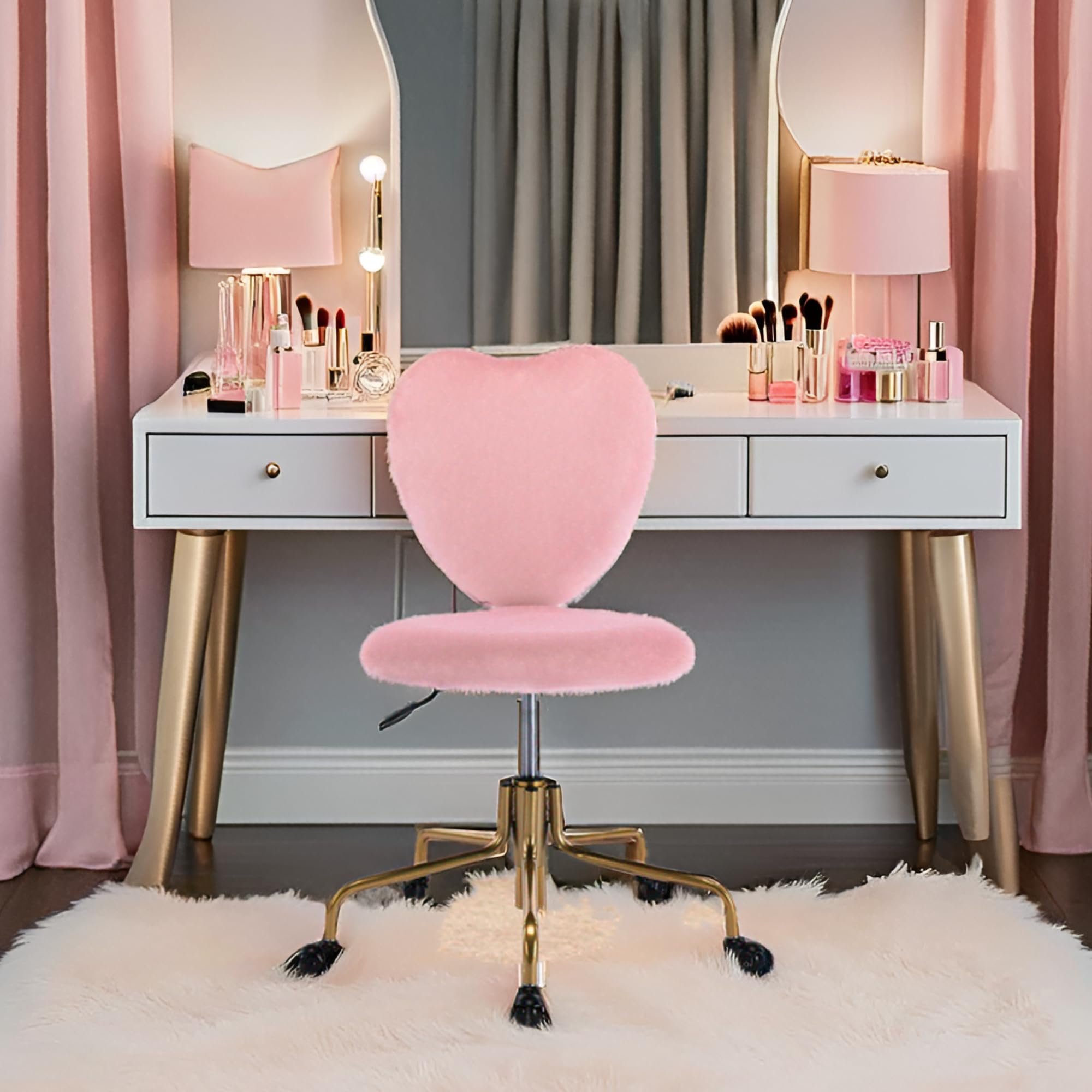 Velvet Pink Heart-Shaped Desk Chair with Wheels - Adjustable Height Swivel Office Chair, Armless Upholstered Vanity Chair for Home & Office - Perfect for Study, Workstation, Dressing Table and Bedroom Decor