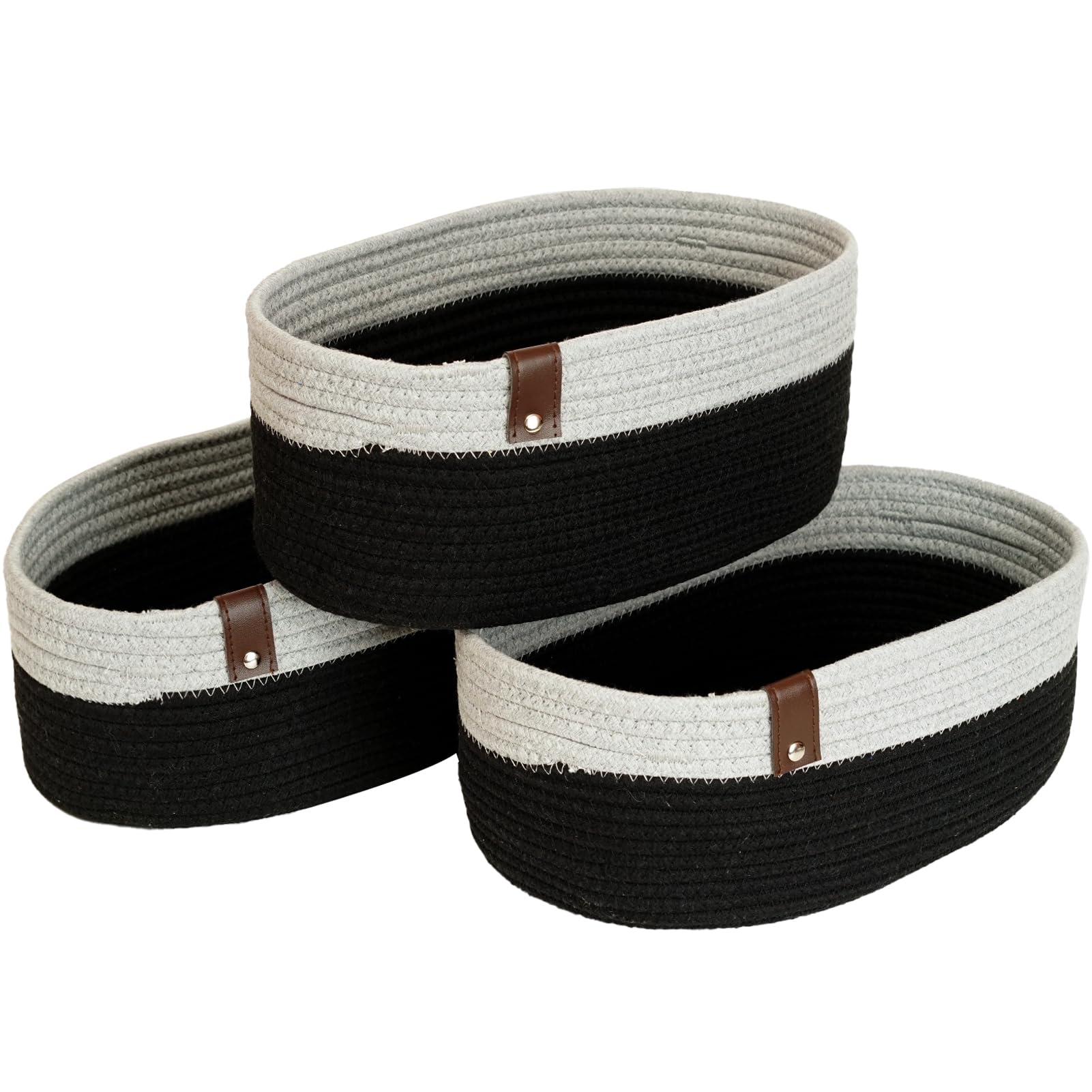 Woven Cotton Rope Storage Baskets for Nursery Organizing - Small Grey & Black Shelving Bins for Baby Clothes, Dog Toys, and Home Decor | Perfect for Nursery Storage, Pet Toy Organization, and Shelf Decoration