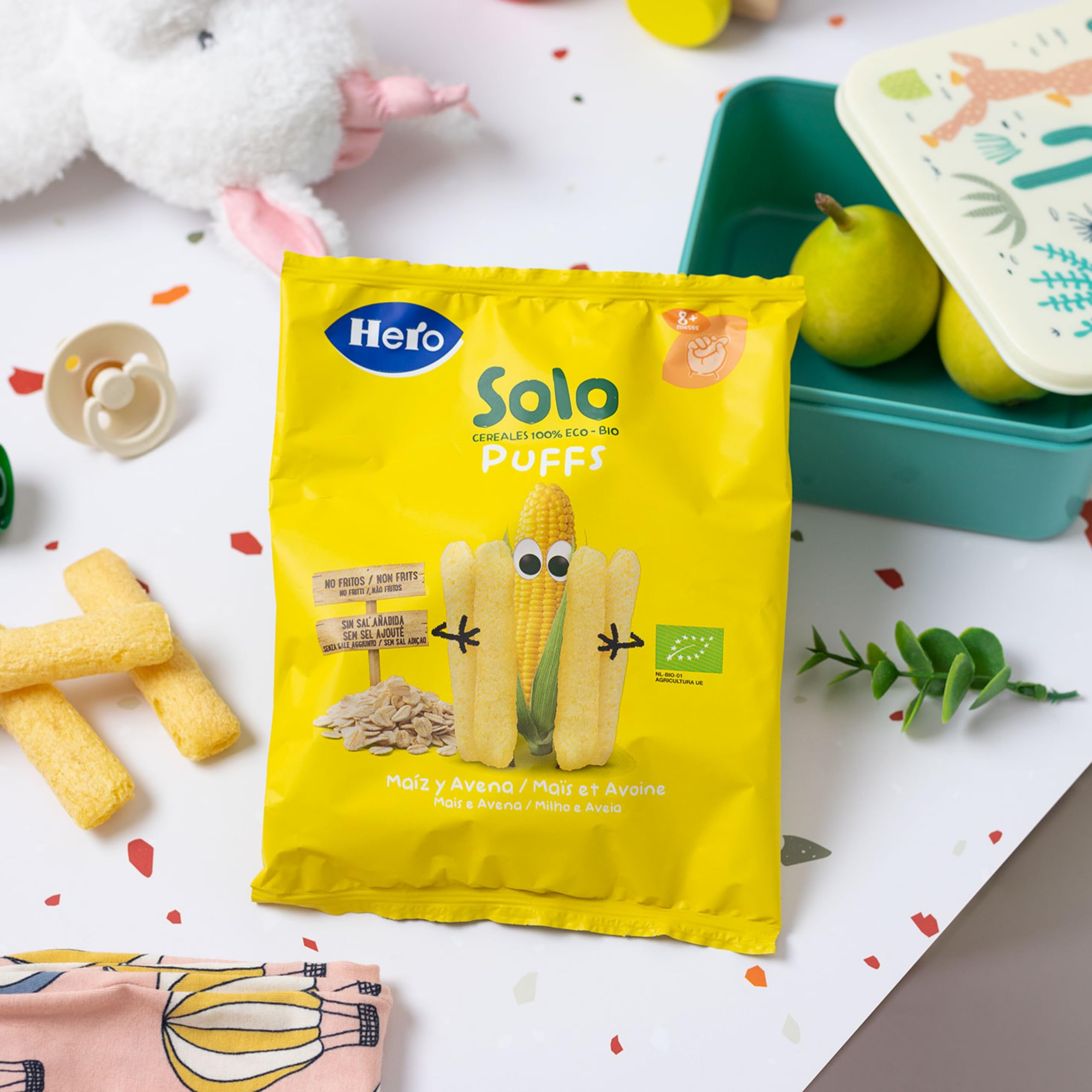 Hero Solo - Organic Corn & Oat Snacks for Babies 8+ Months, 100% Natural, Sugar-Free, Gluten-Free, No Additives, Eco-Friendly - 5x25g Pack - Perfect for On-the-Go Healthy Snacking & Baby Food