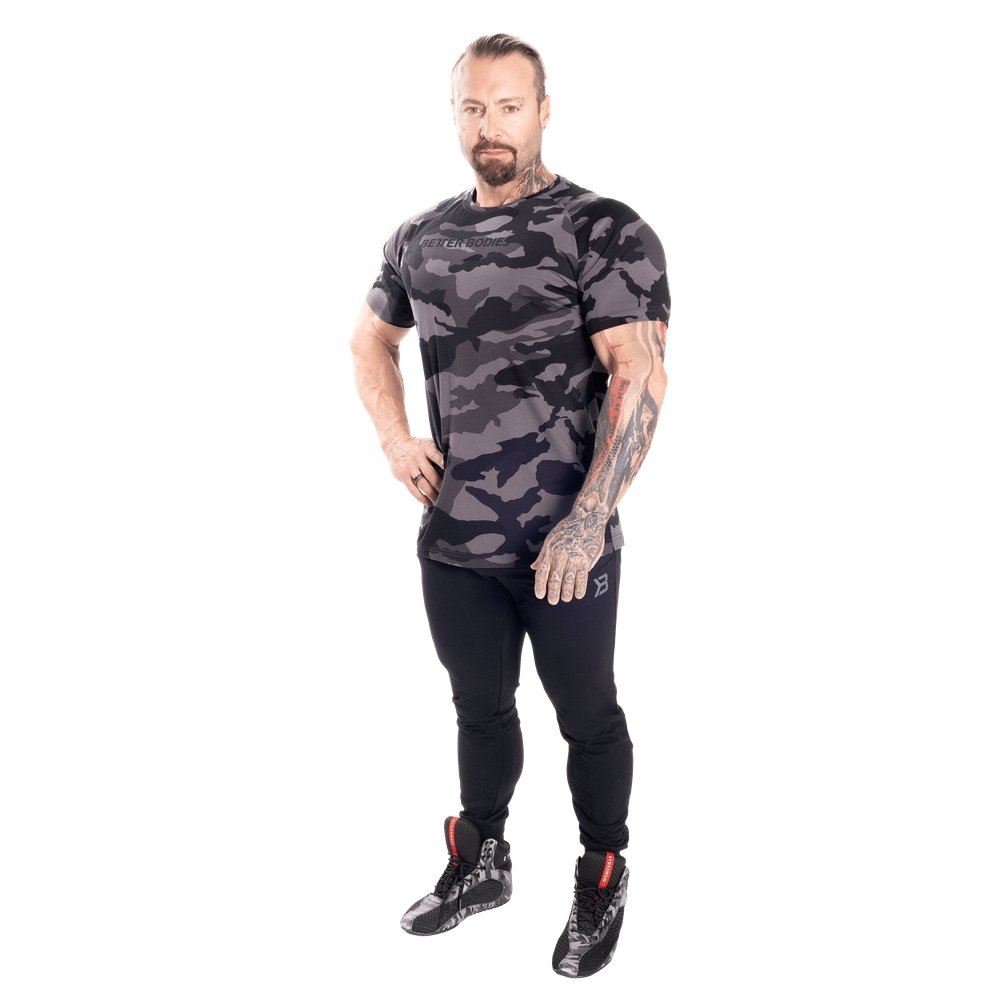 Better Bodies Gym Tapered Tee - Dark Camo Workout Shirt for Men | Moisture-Wicking Fitness Apparel for Weightlifting & Cross Training
