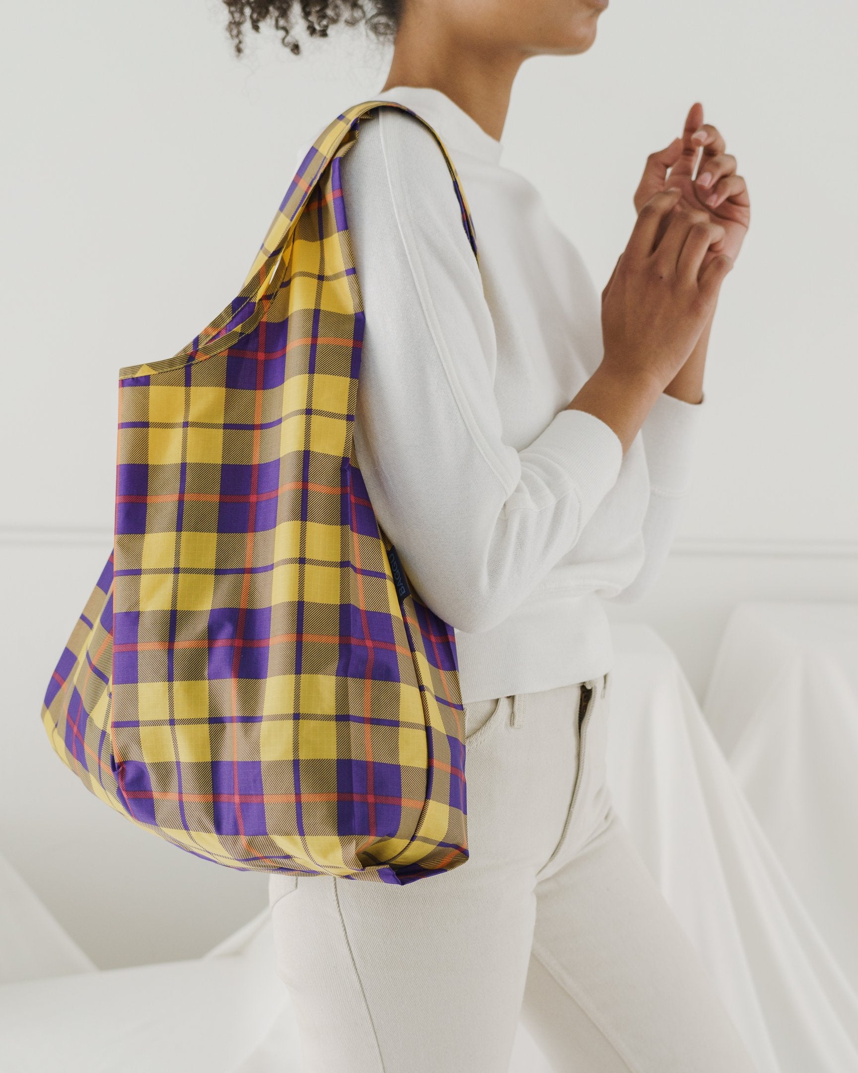 Baggu Standard Reusable Shopping Bag - Eco-Friendly Foldable Grocery Tote in Yellow Tartan Plaid for Groceries, Beach, and Travel