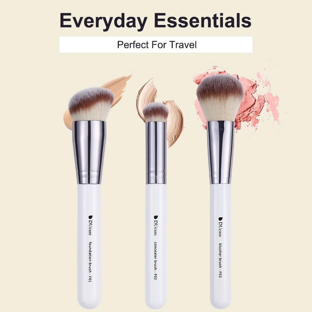 DUcare Professional Flat Top Kabuki Brush Set - 3Pcs Foundation, Concealer & Blusher Makeup Brushes for Flawless Face Makeup Application | Perfect for Liquid, Powder & Cream Cosmetics | Home & Travel Use