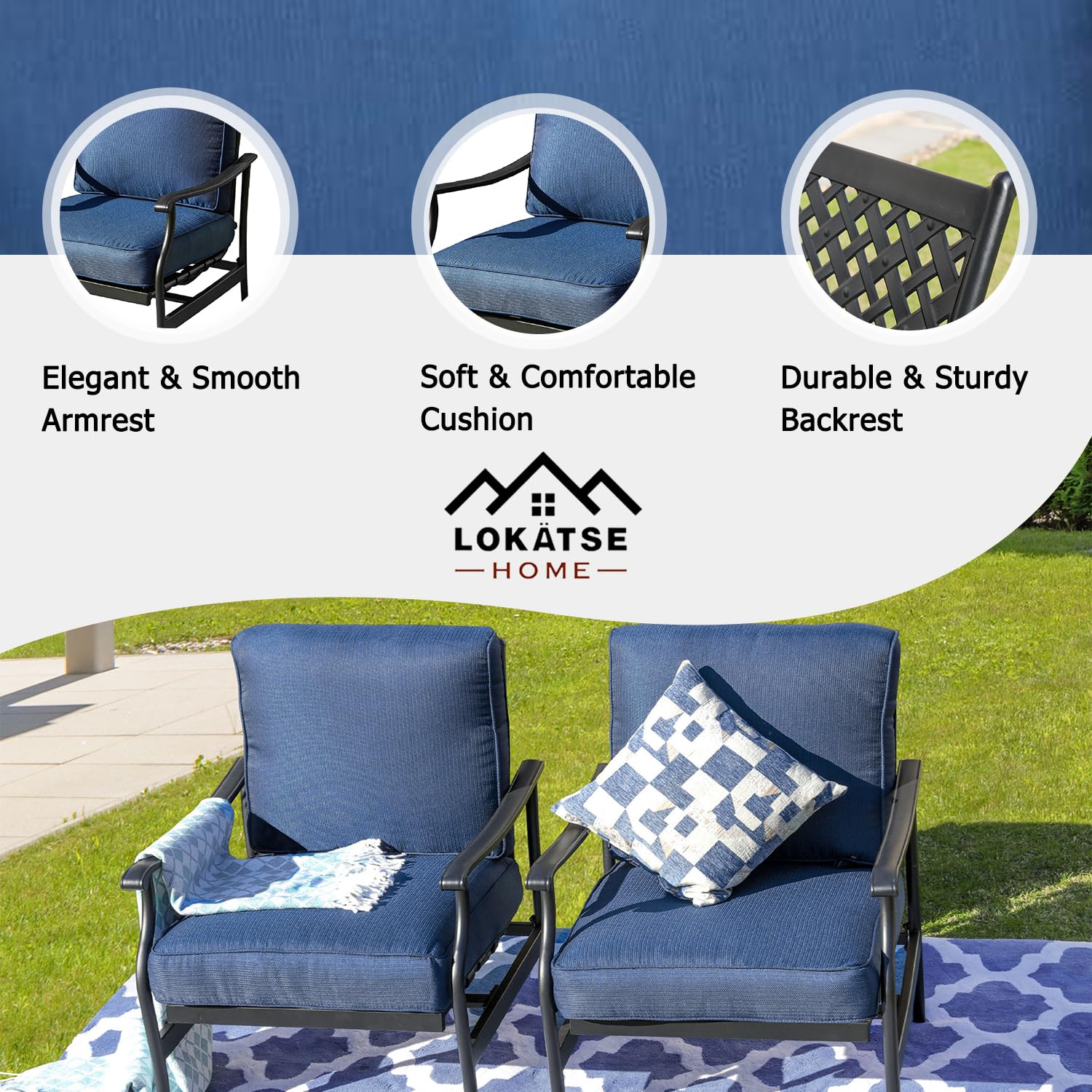 LOKATSE HOME 2-Piece Outdoor Metal Bistro Set with Cushions - Steel Patio Dining Chairs in Blue - Perfect for Garden, Balcony, and Backyard Relaxation