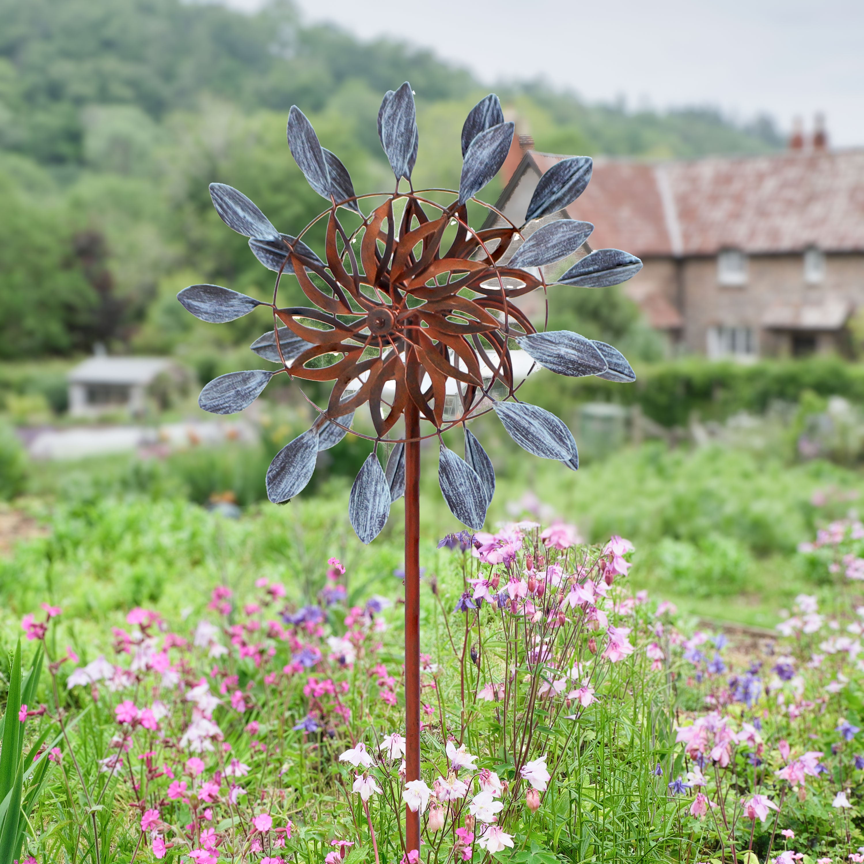 Sunnydaze Whirling Petals Metal Garden Wind Spinner - 48 Inch Outdoor Decorative Windmill for Yard, Patio, Lawn - Durable Weather-Resistant Spinning Art for Garden Decor