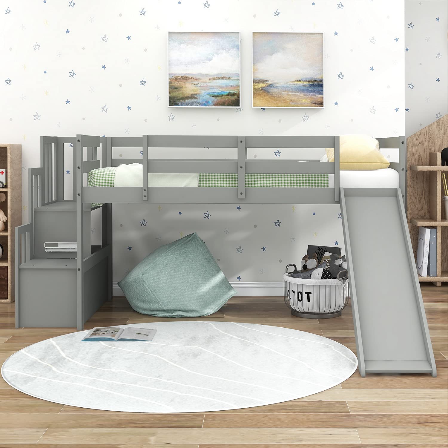 **Twin Low Loft Bed for Kids with Slide & Staircase - Solid Wood Children's Bed with 2-Step Stairs & Storage Shelves - Space-Saving Loft Bed for Small Bedrooms, Guest Rooms & Playrooms - Easy Assembly**