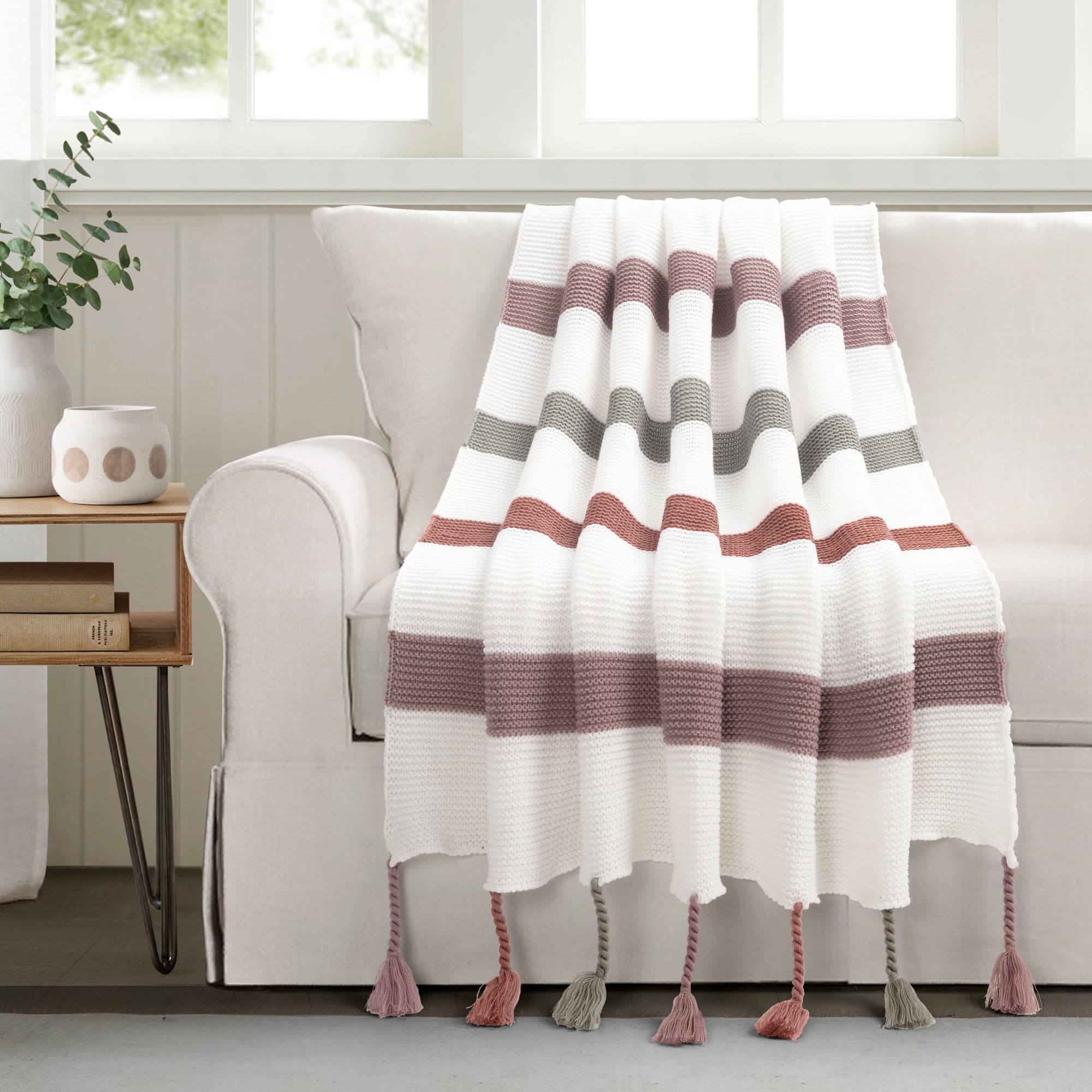 Boho Knitted Braided Tassel Throw Blanket - Soft Handmade Cotton Decorative Couch Cover for Living Room, Bedroom & Boho Home Decor