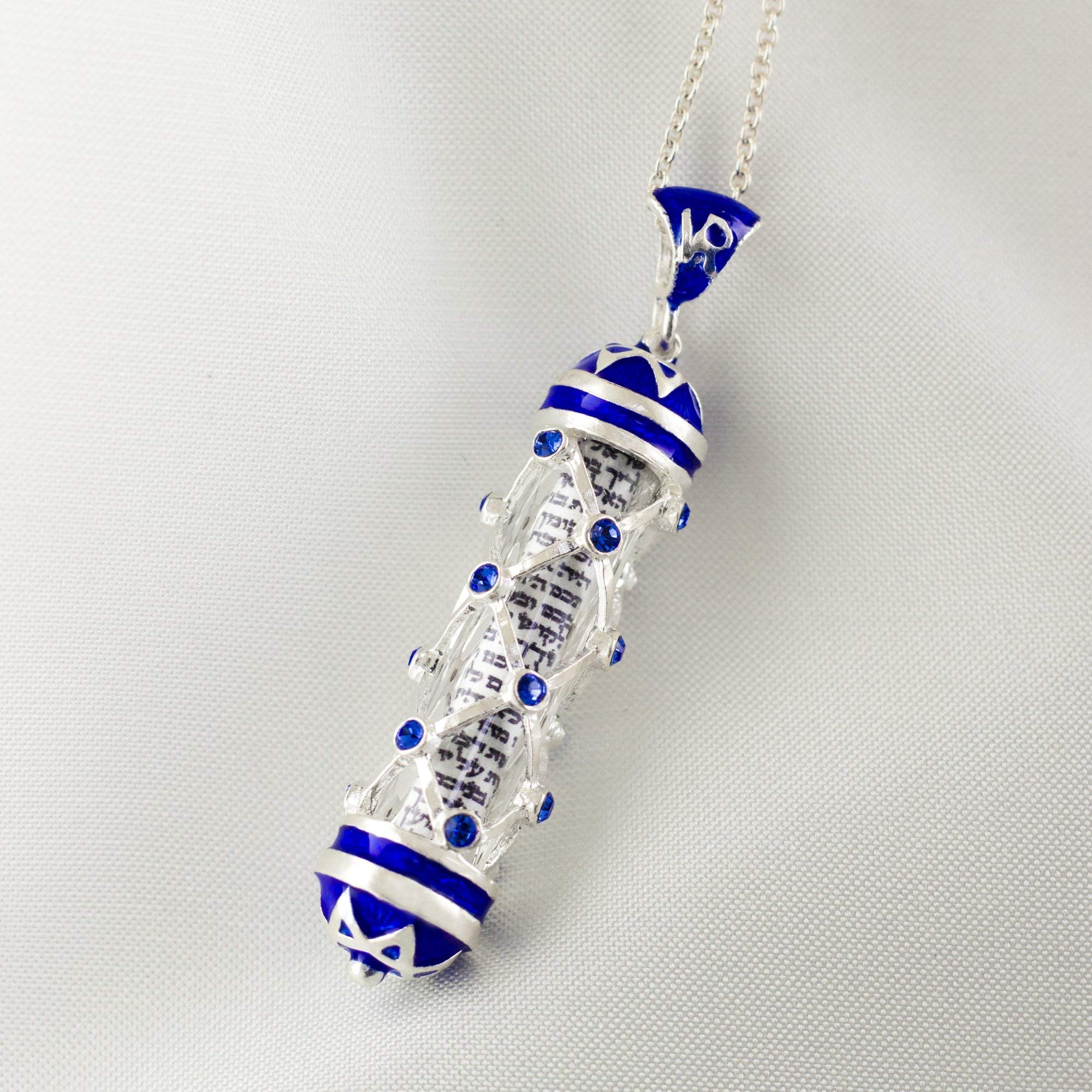 925 Sterling Silver Mezuzah Necklace with Hebrew Prayer - Chai Pendant in Blue, Jewish Jewelry Gift for Women & Men - Perfect for Hanukkah, Bar Mitzvah & Religious Occasions