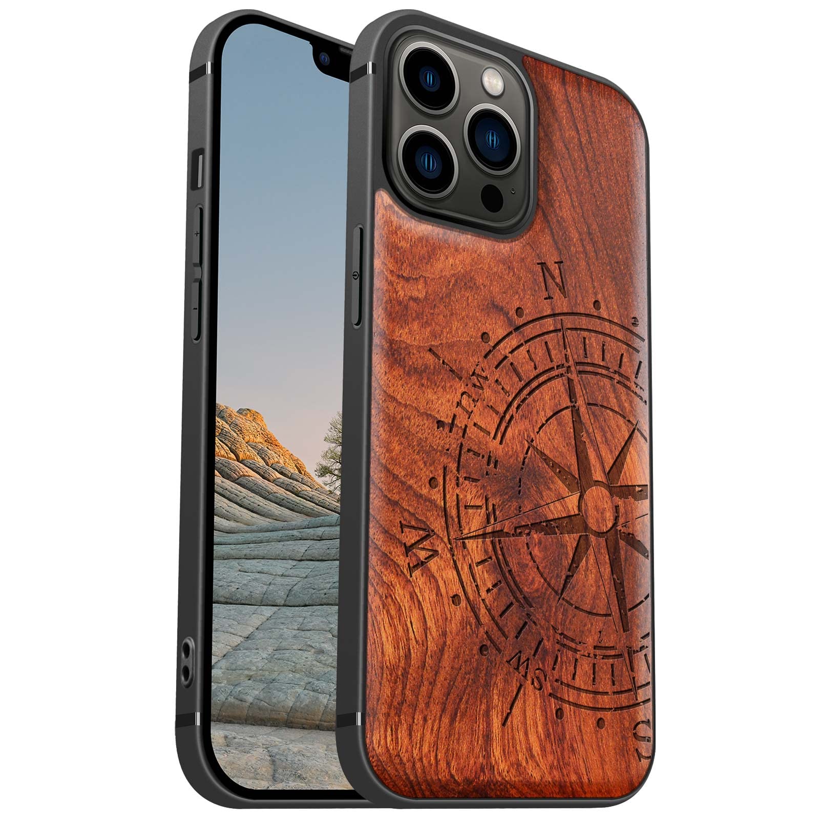 Premium Magnetic Wooden Case for iPhone 13 Pro Max - Hard Real Wood & Soft TPU Hybrid Shockproof Cover with MagSafe Compatibility (Vintage Compass-Red Wood) - Perfect for Outdoor Adventures, Business Meetings & Everyday Protection