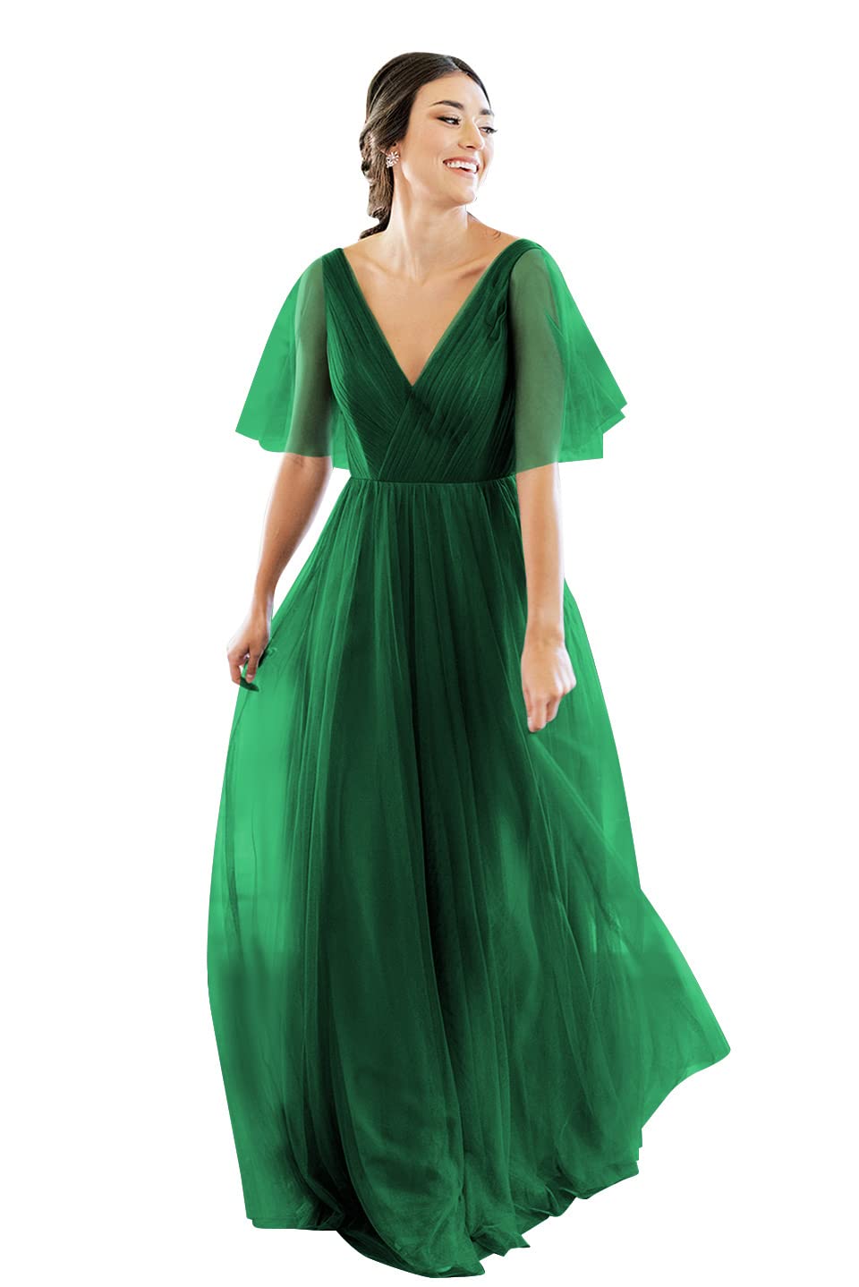 Elegant V-Neck Short Sleeve Tulle Bridesmaid Dress for Women - Backless Long Formal Gown for Wedding, Prom, Evening Party & Special Occasions