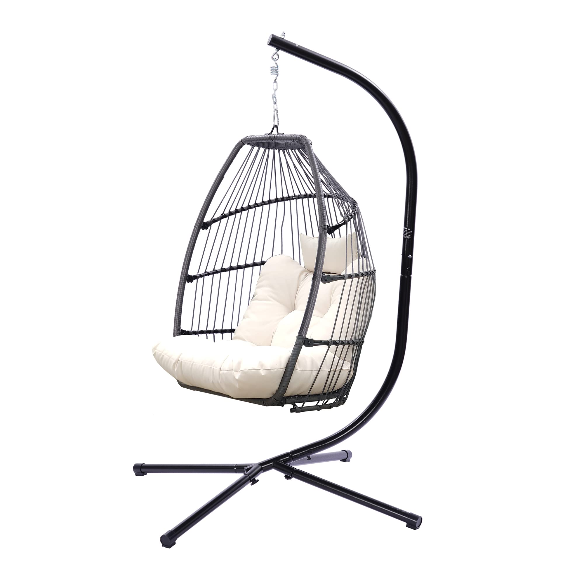 PE Rattan Wicker Swing Chair - Foldable Hanging Egg Chair with Steel Stand & Comfort Cushion - Patio Hammock Chair for Balcony, Poolside, Garden, Backyard - Outdoor Relaxation & Boho Decor (Beige)