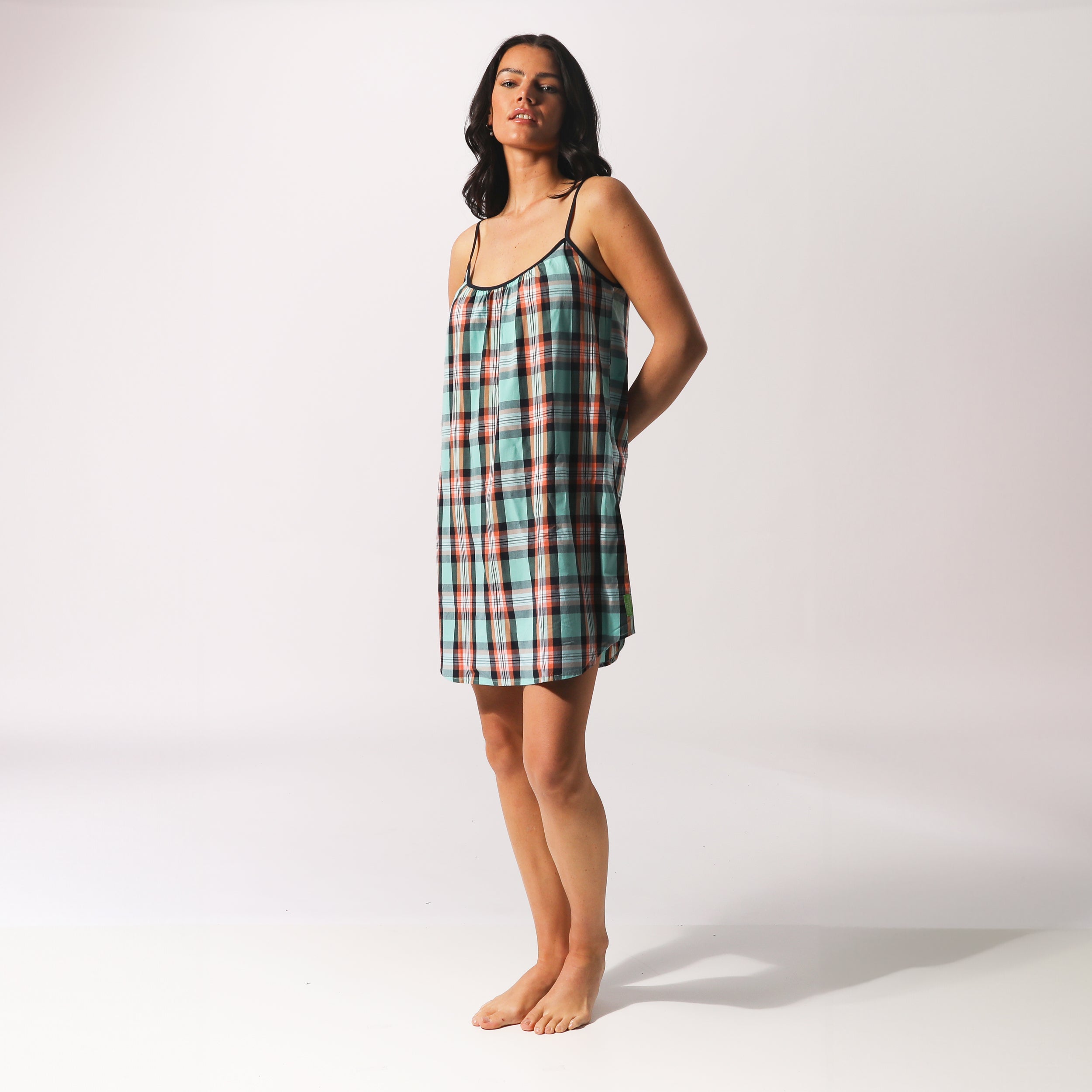 Women's Sky Blue Beachy Check Woven Chemise Nightgown - Soft Summer Sleepwear for Vacation & Lounge Wear