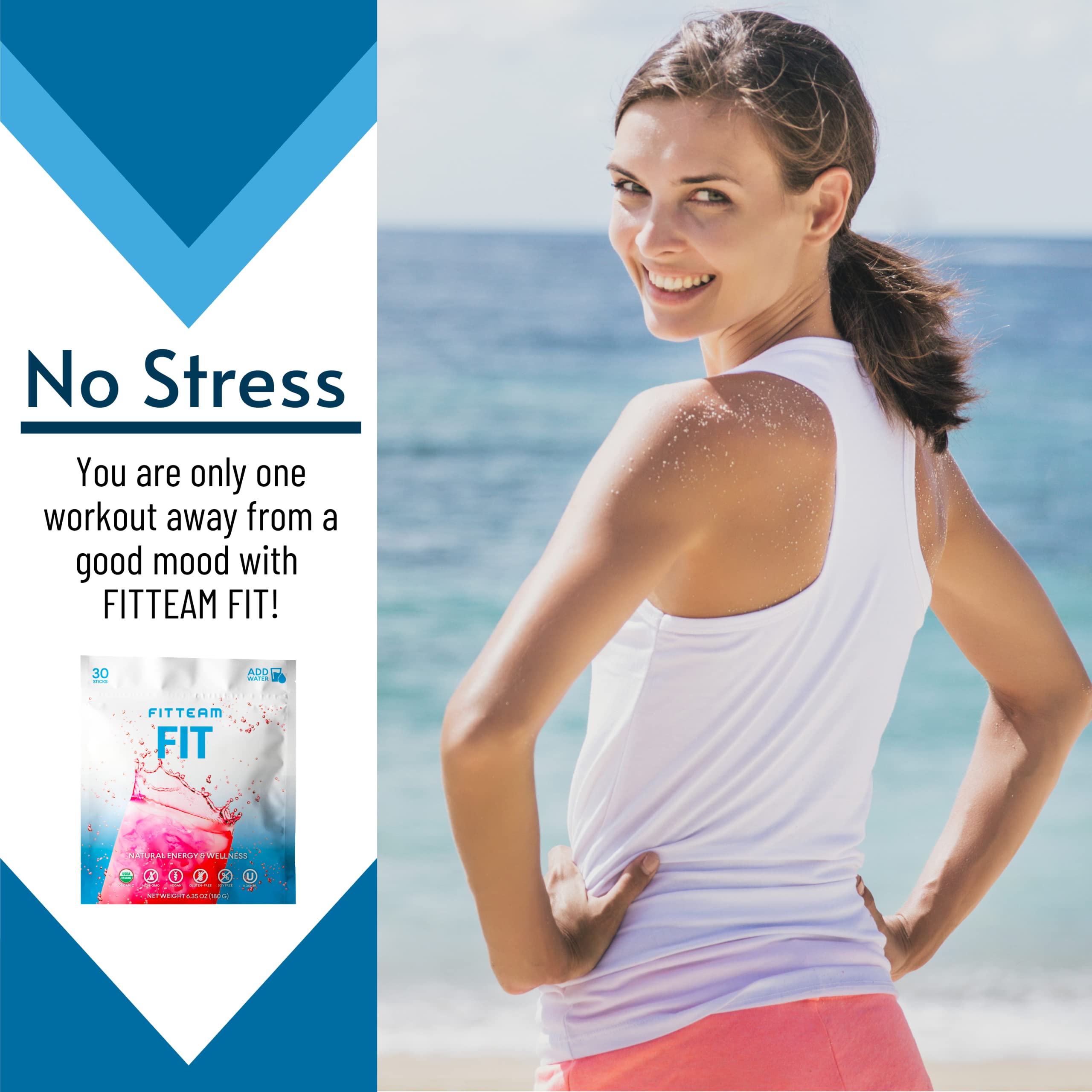 FITTEAM Organic Energy Drink Mix Sticks - Boost Mental Focus, Energy & Metabolism with Antioxidants - Mood Support Wellness Beverage - 30 Individually Wrapped Packets - Perfect for Workouts, Office & Travel Energy Boost