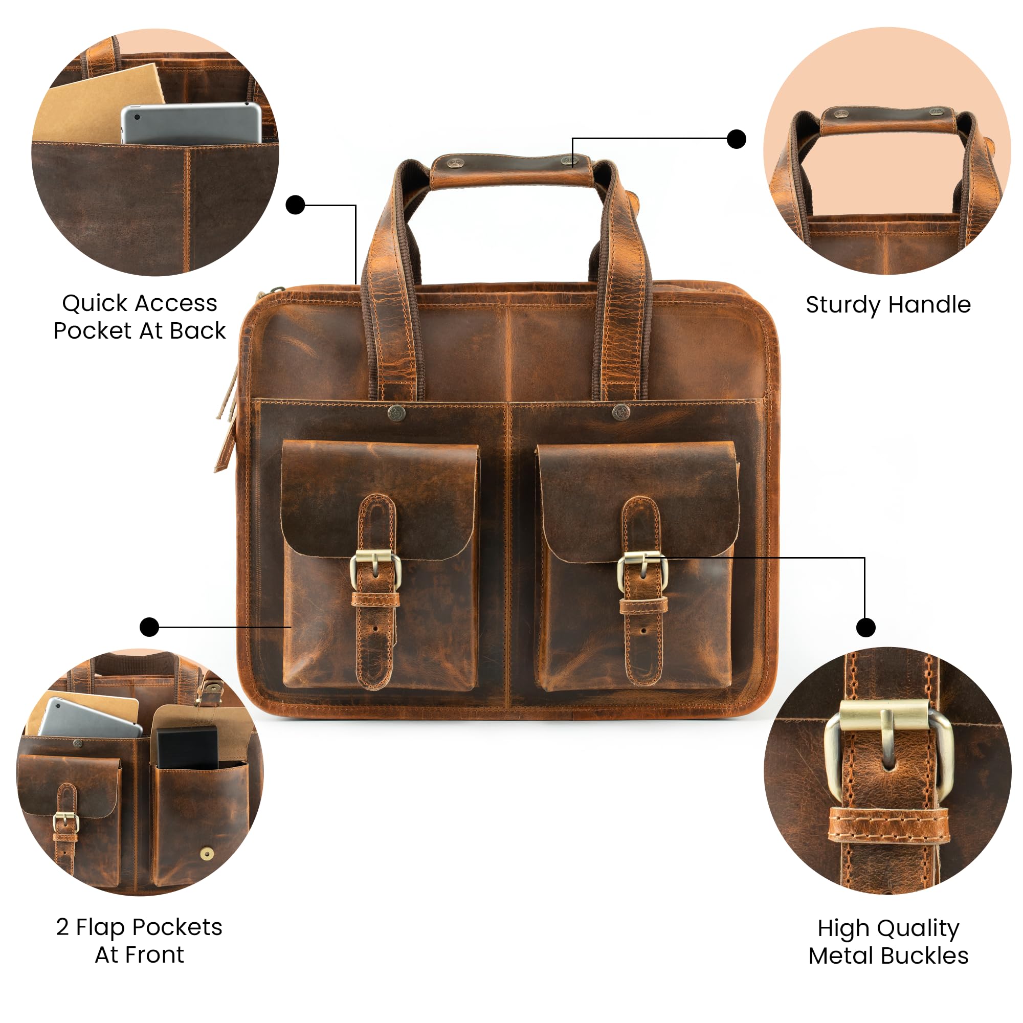 Premium Handmade Leather Laptop Briefcase for Men & Women - Arthur Travel Messenger Bag Fits 15 Inch Laptop - Crossbody Satchel for Office Work, Business Travel & Daily Commute