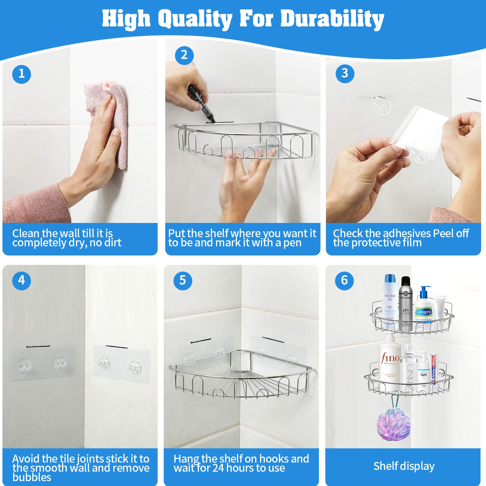 Stainless Steel Shower Caddy Corner Organizer - Wall Mounted No Drilling Bathroom Storage Shelf for Shower, Toilet, Dorm & Kitchen | SUS304 Rustproof | Perfect for Small Spaces & Apartment Living