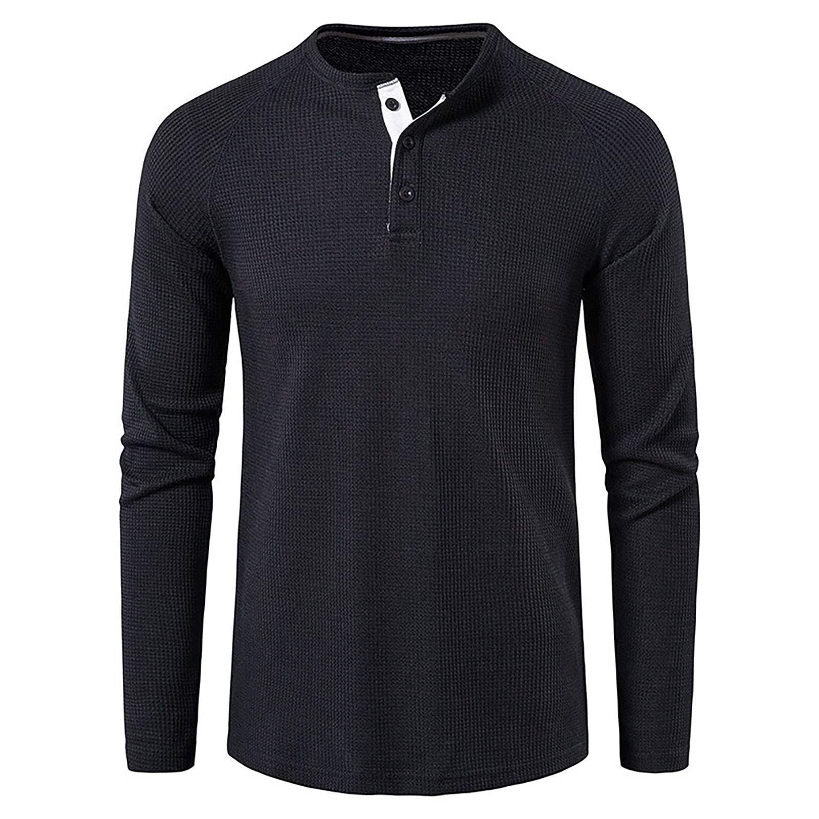Men's Waffle Henley Shirts - Casual Long Sleeve Solid Color T-Shirt for Everyday Wear | Breathable Cotton Regular Fit Top for Fall & Winter Layering