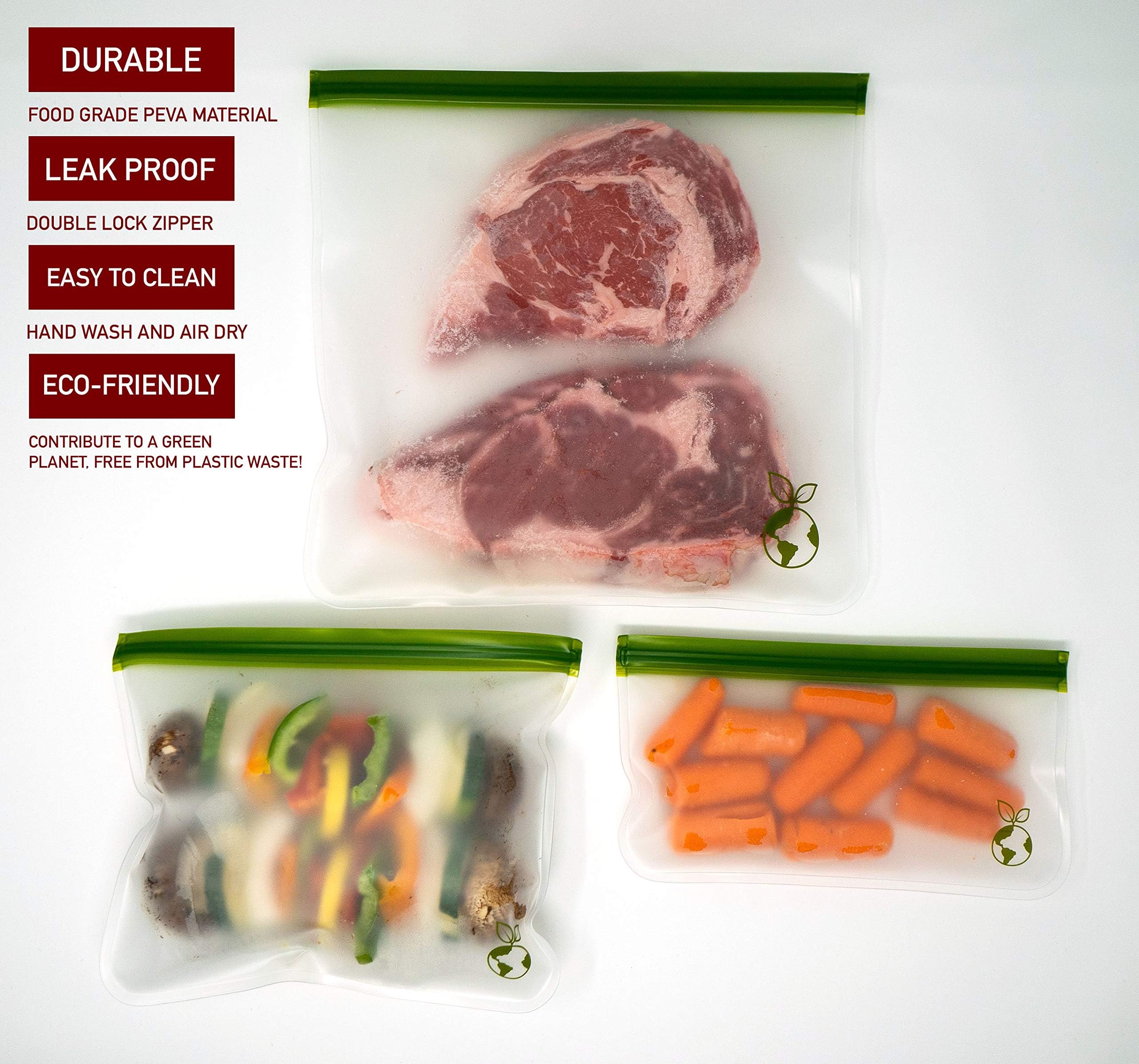Eco-Friendly Reusable Food Storage Bags (3 Pack) - Leakproof, Thick & Resealable Freezer Bags for Kids Snacks, Lunch Sandwiches, Fruits | Perfect for School, Travel & Meal Prep | BPA-Free & Dishwasher Safe