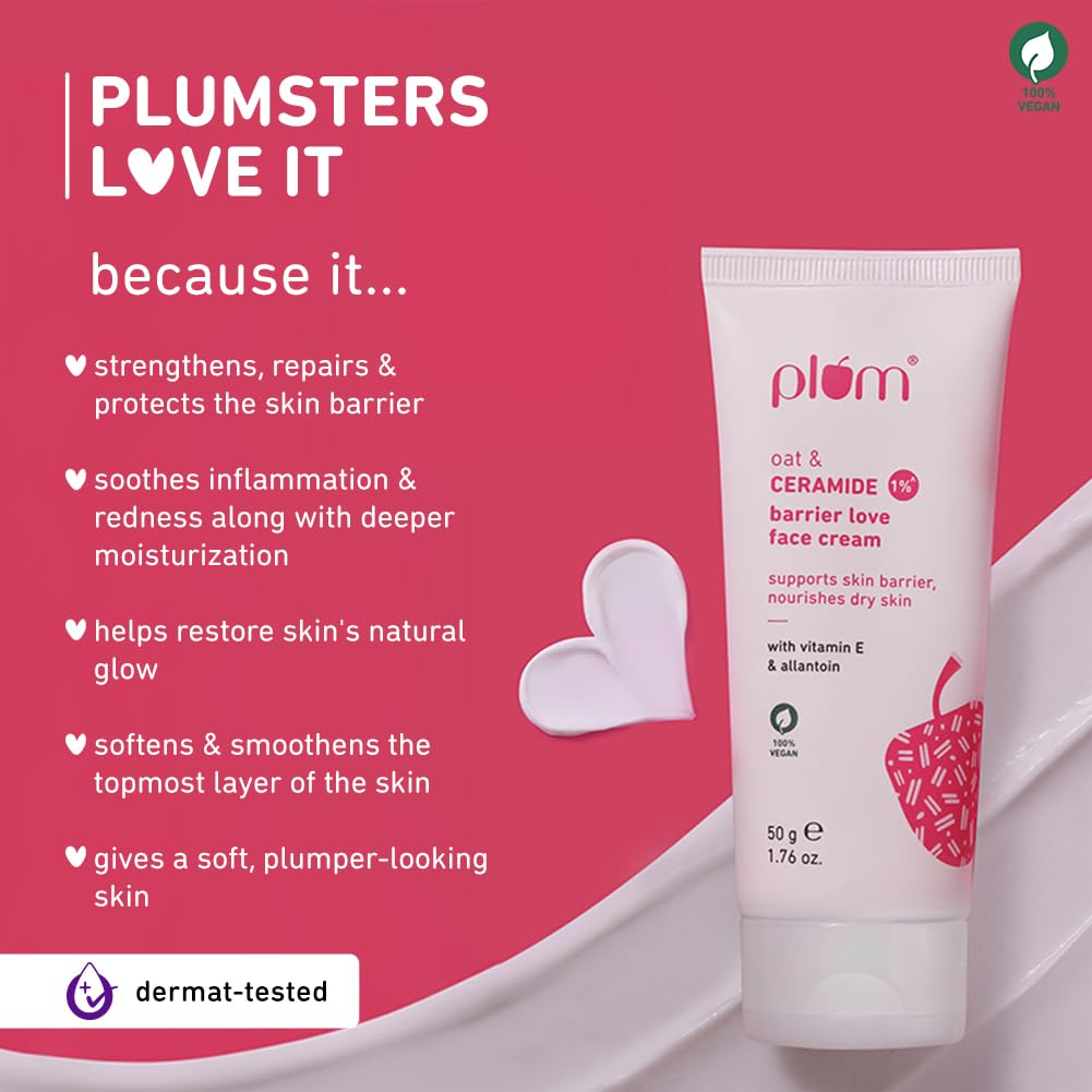 Plum Oat & 1% Ceramide Face Cream for Dry Skin | Barrier Repair Moisturizer with Vitamin E & Allantoin | Strengthens & Hydrates Skin | Unisex Skincare for Women & Men | 50g | Perfect for Night Routine & Winter Care