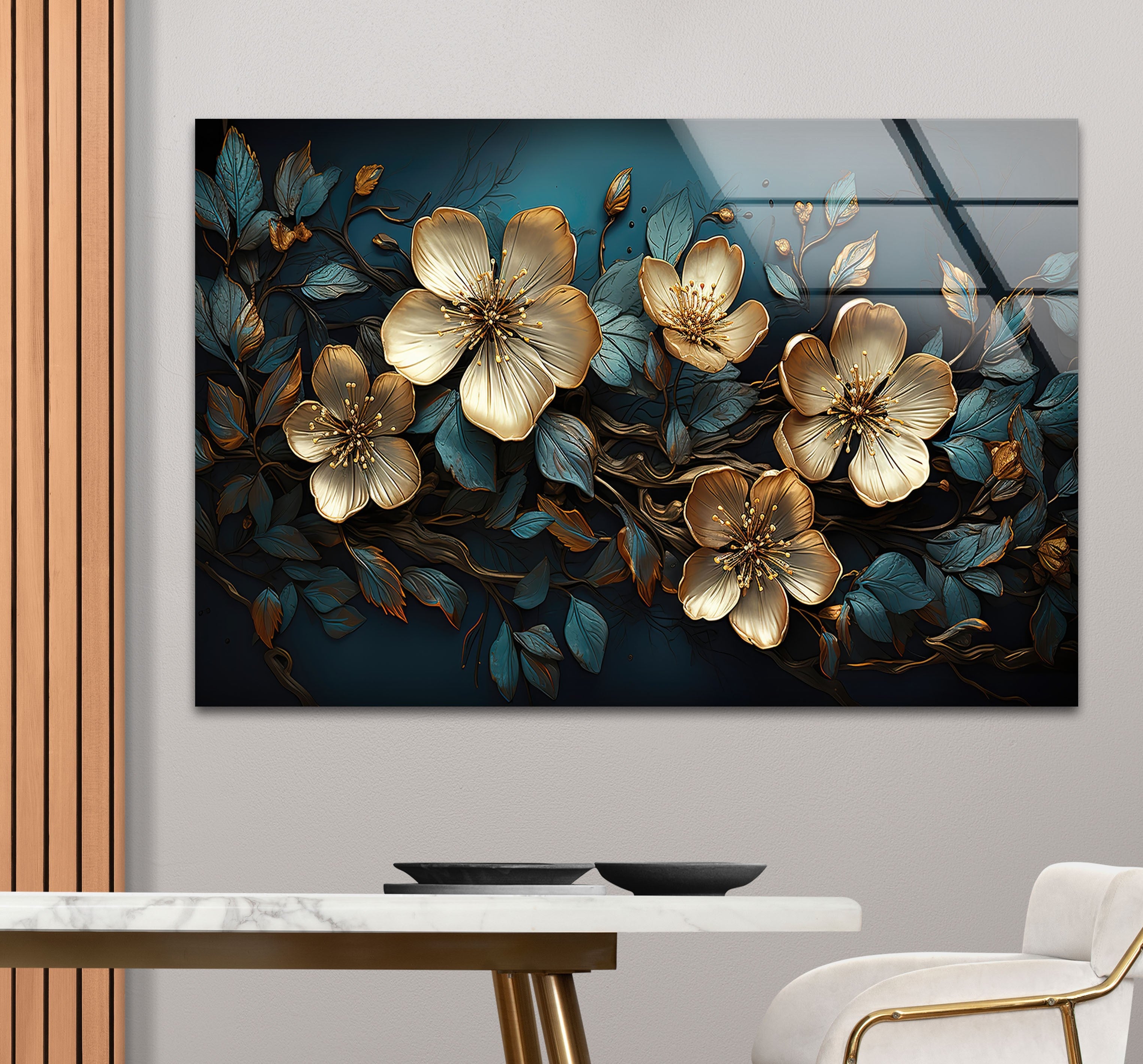 Beige & Blue Botanical Glass Wall Art - Elegant Home Decor for Living Room, Bedroom & Office - Perfect Gift for Housewarming & Wedding