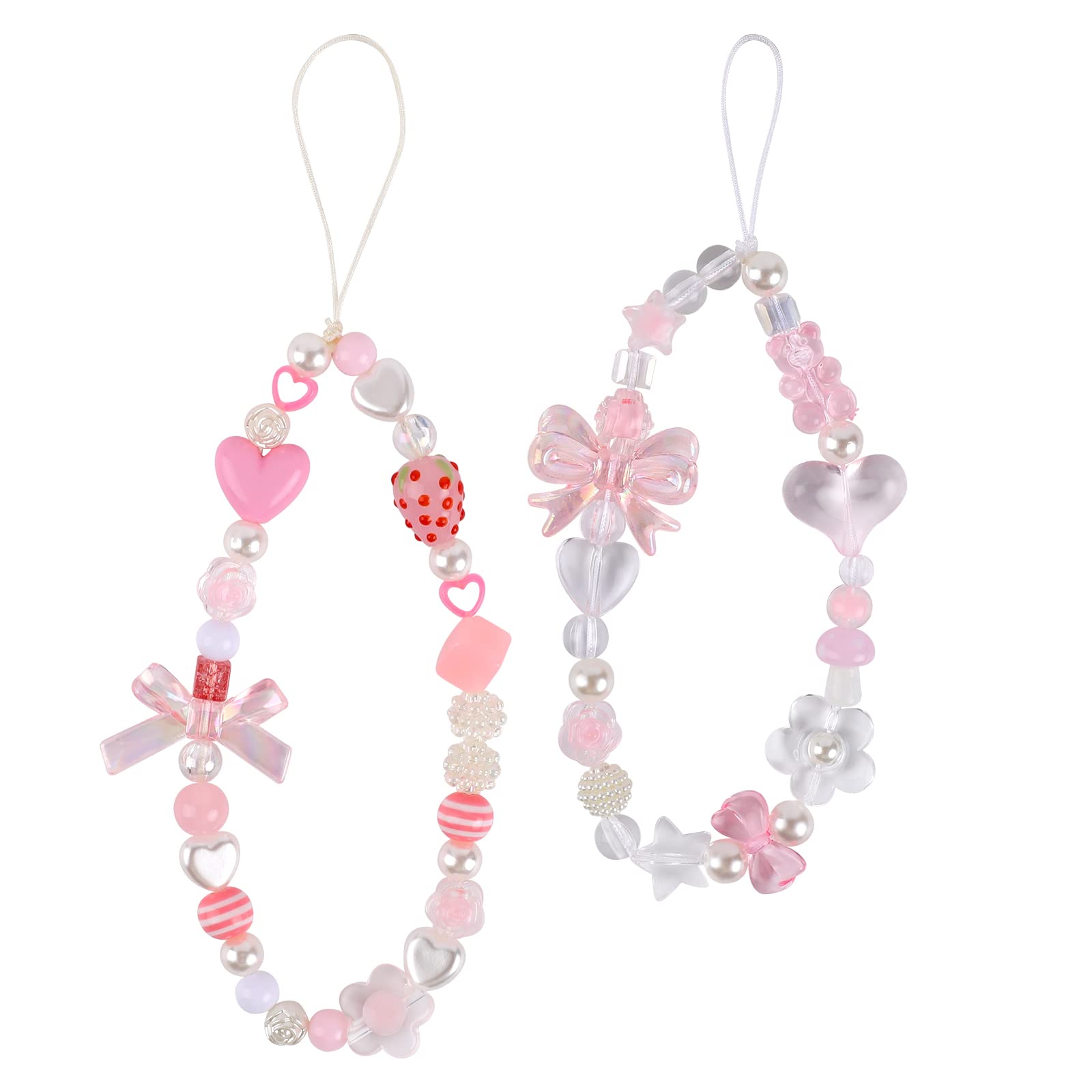 Adorable Pink Love Bow Phone Charm Lanyard - Cute Phone Strap with Beads for Women (2 Pack) - Perfect for Phone Decoration, Wrist Strap & Gift Giving