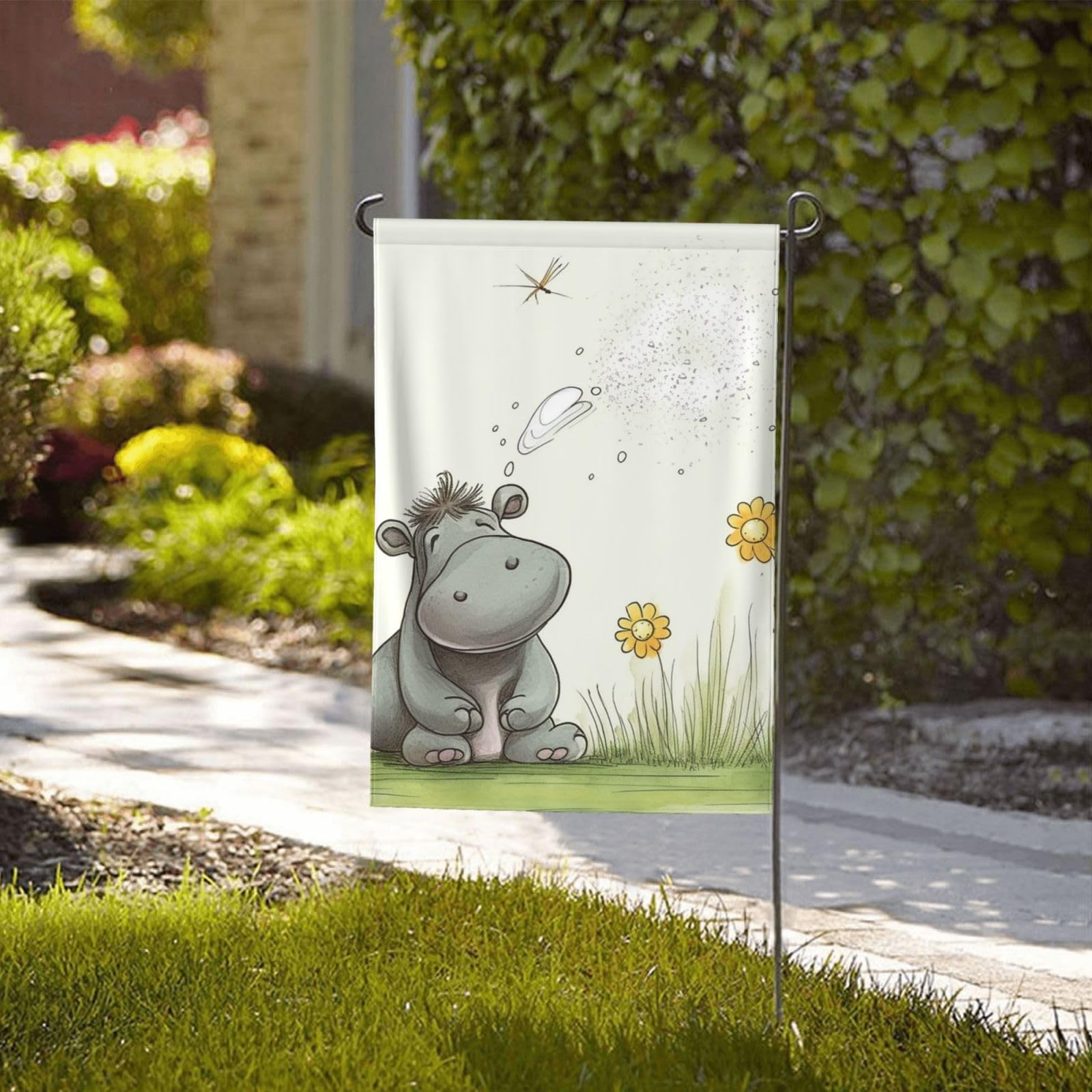 Double-Sided 28x40 Inch Welcome Garden Flag - Weatherproof Outdoor Yard Flag with Hippo & Dandelion Design for Porch, House Decor - Perfect for All Seasons & Holiday Celebrations