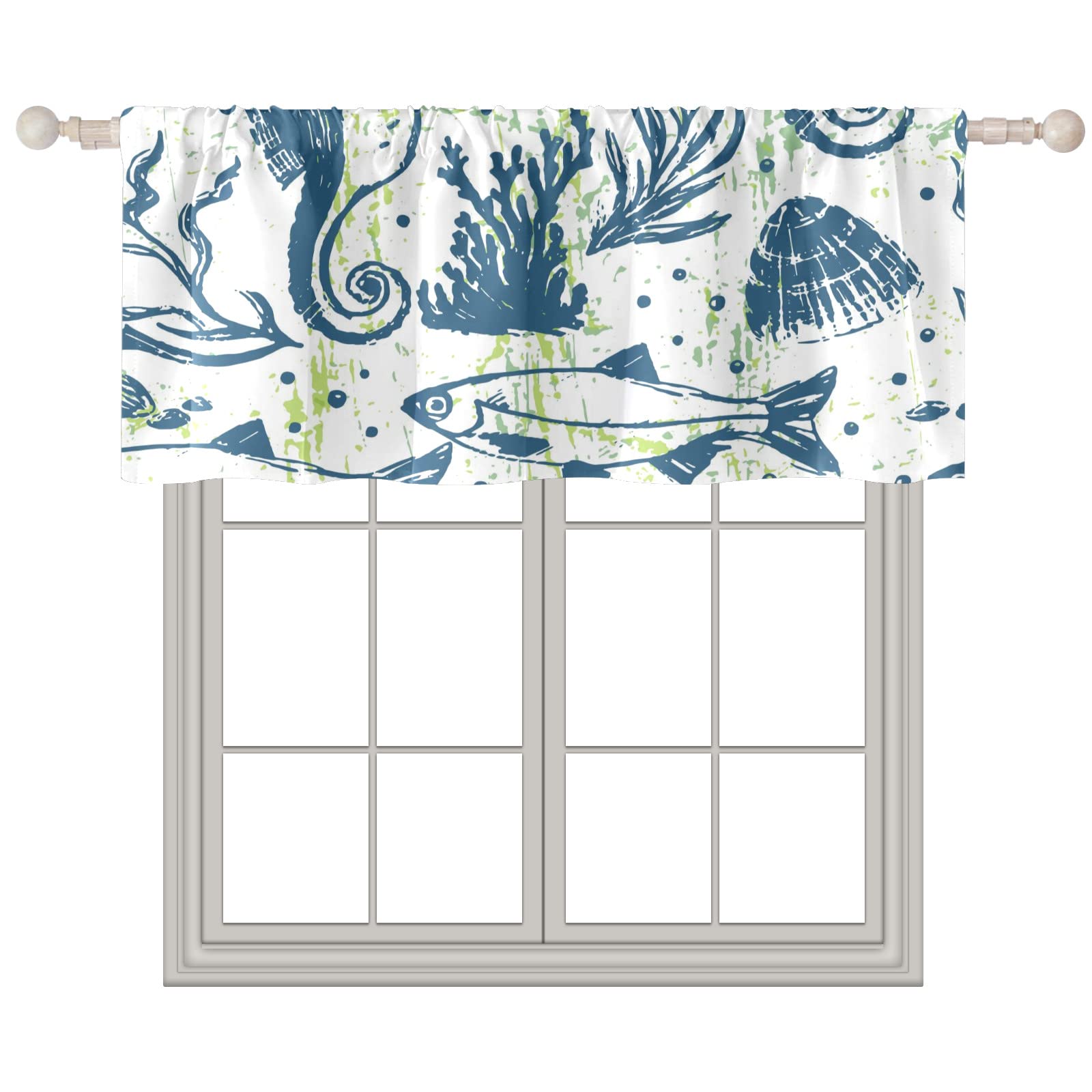 Blue Seahorse Fish Valance Curtains 14x52 Inch - Rod Pocket Window Valances for Living Room, Bedroom & Kitchen - Light Filtering Short Window Treatments for Coastal & Nautical Home Decor